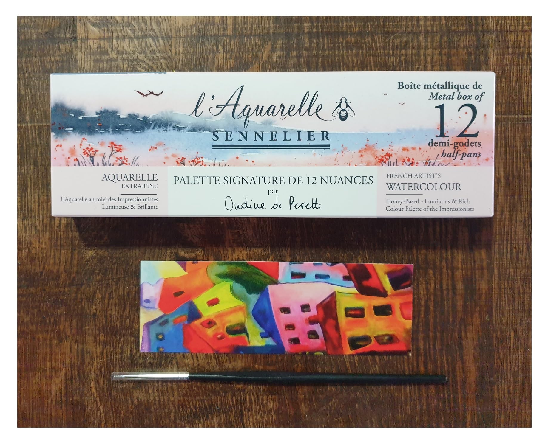 Sennelier Scatola di Pittura Acquarello Extra-Fine Set Ondine di Peretti .12 Mezzo Benne + Pennello e 1 carta