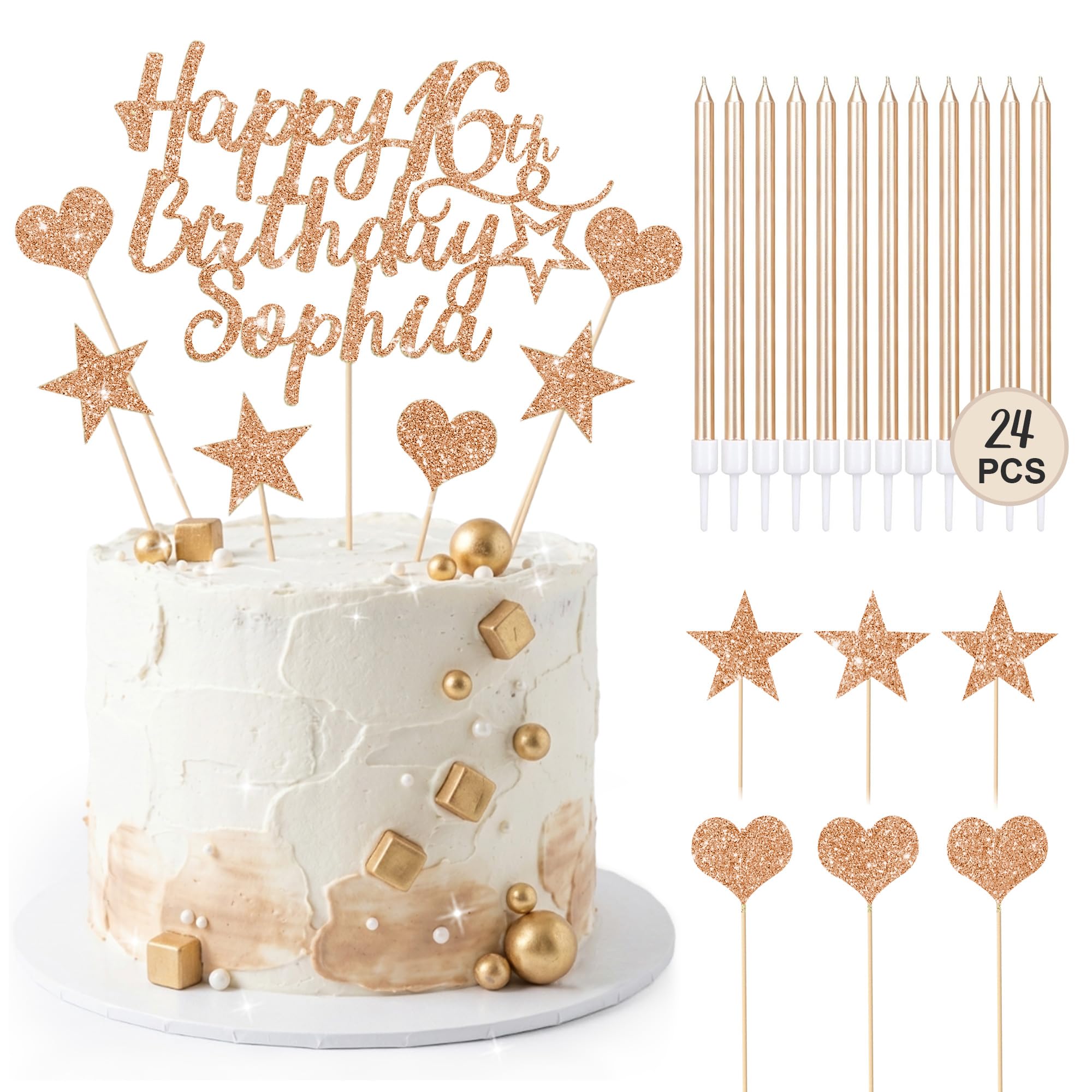 EDSG Personalised Happy Birthday Cake Topper with 24 Candles, Double-Sided Glitter Cake Decorations with Any Age Name, Birthday Party Supplies for Boys Girls Women Man (Rose Gold) โ image 1