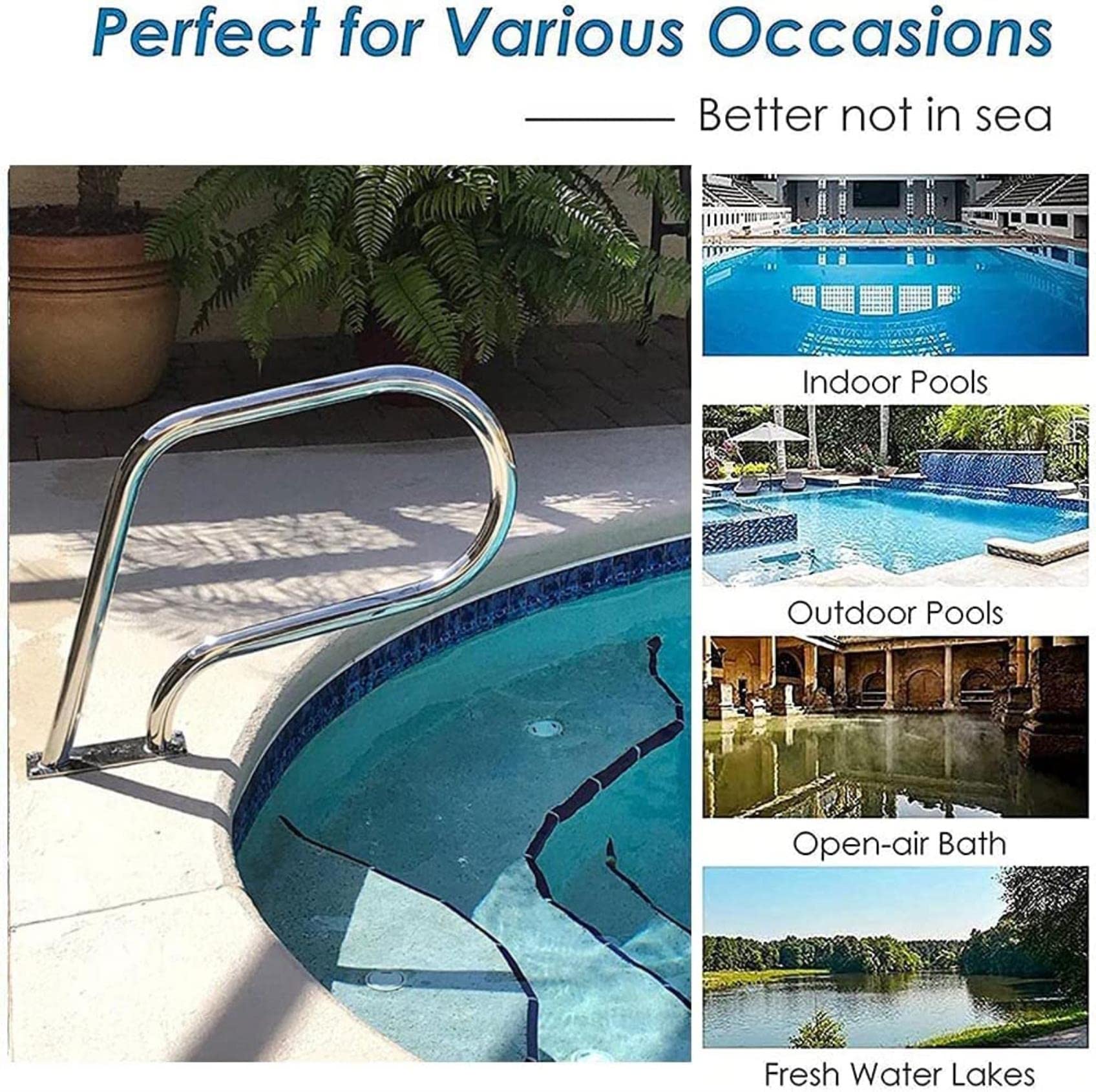 Barandilla de Piscina, pasamanos para Piscina, pasamanos para terraza de SPA, fácil de Montar, pasamanos de Piscina de Acero Inoxidable con Placa Base, pasamanos Curvo, Alta Capacidad de Car