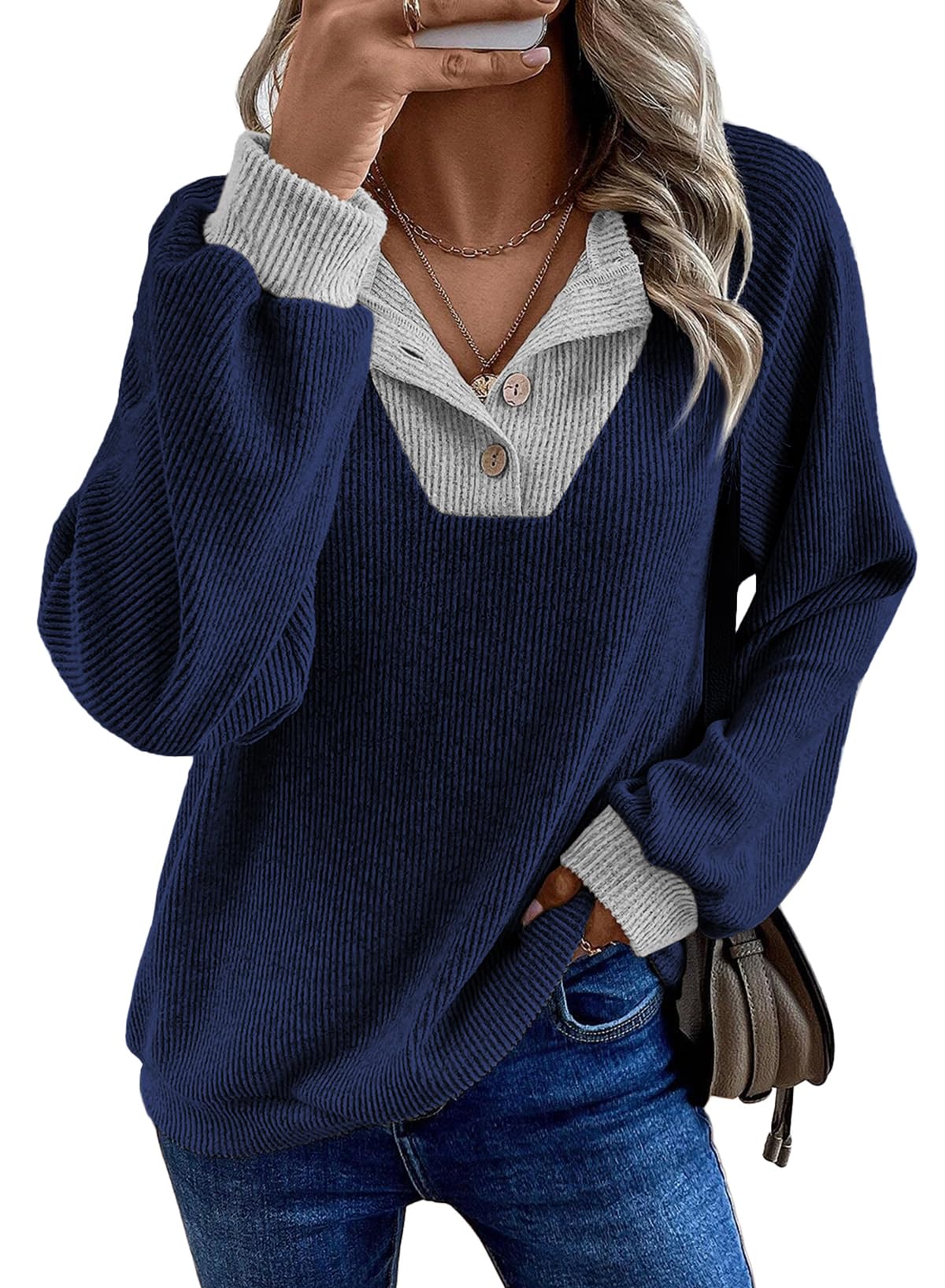 Dokotoo Damen Pullover V-Ausschnitt Knopfleiste Strickpullover Langarm Patchwork Henley Shirt Casual Geripptes Sweatshirt Herbst Winter Locker Oberteile Pulli Sweater S-2XL