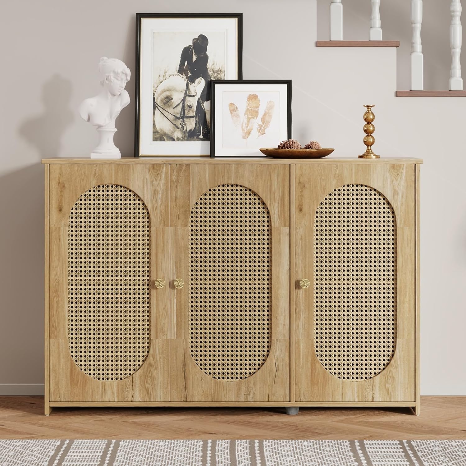 Buffet Cabinet with Storage,Wood Credenza Sideboard Cabinet with 4 Doors, Rattan Boho&Farmhouse Accent Console Table for Kitchen,Living Room,Dining Room,Bedroom,Entryway (Natural Wood)