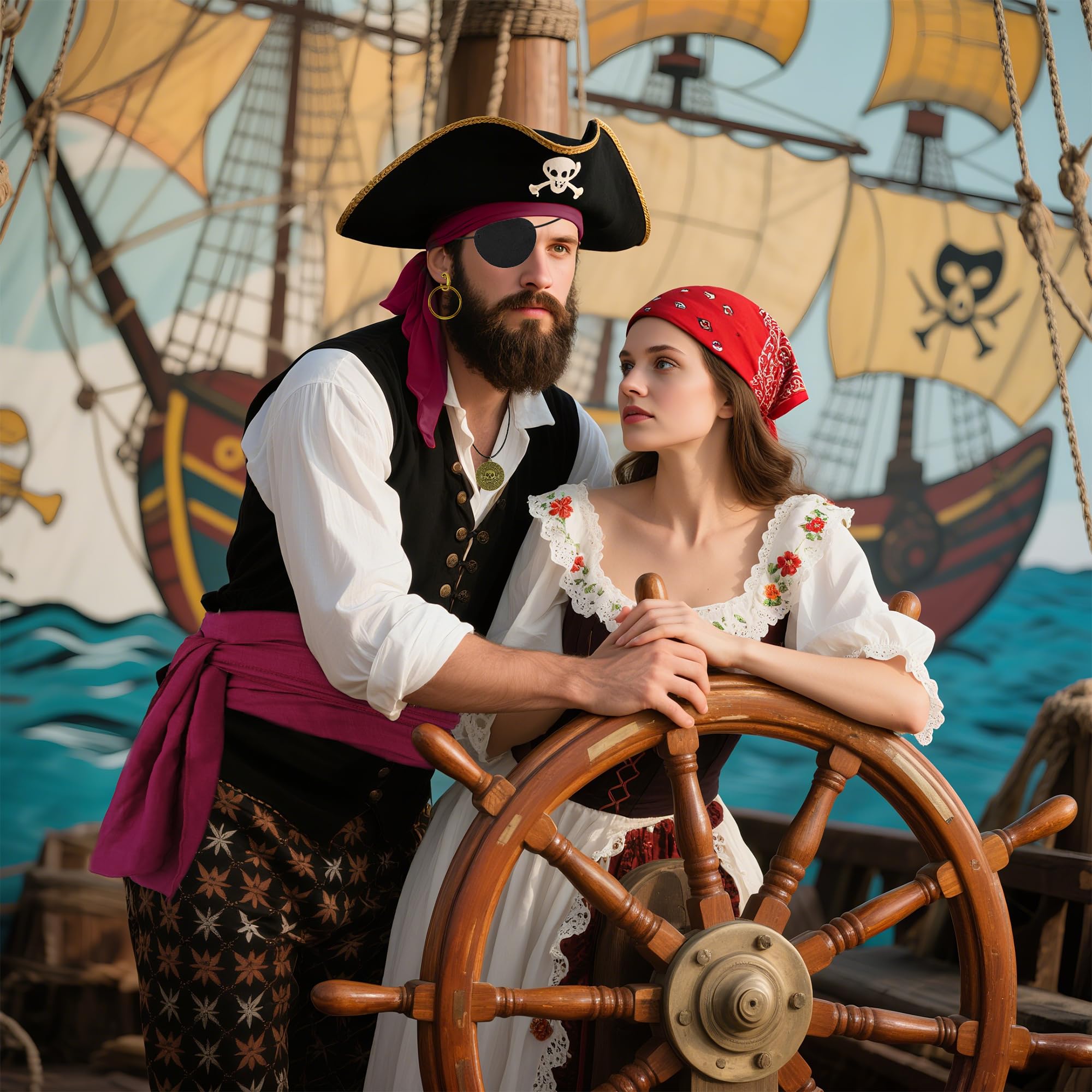 Męskie akcesoria do kostiumu pirata, zestaw akcesoriów pirackich z bandaną na głowę szalik opaska na oko naszyjnik kolczyk na imprezę cosplay (5 szt.)