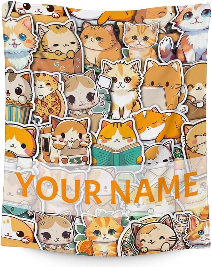 Personalized Cat Blanket Gifts with Name - 40"x50" Cute Throw for Kids & Adults - Yellow Soft Fuzzy Blankets for Bed, Couch & Living Room