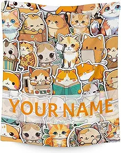 Personalized Cat Blanket Gifts with Name - 40"x50" Cute Throw for Kids & Adults - Yellow Soft Fuzzy Blankets for Bed, Couch & Living Room