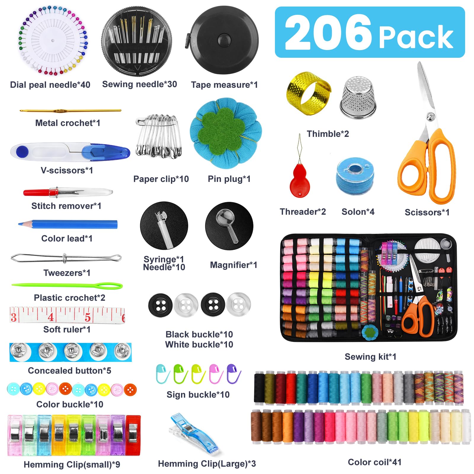 Set da Cucito,Kit da Cucitocon 206 Accessori da Cucito, Set da Cucito con Valigetta in PU,Accessori Completi per Principianti,viaggiatori,parenti e Amici