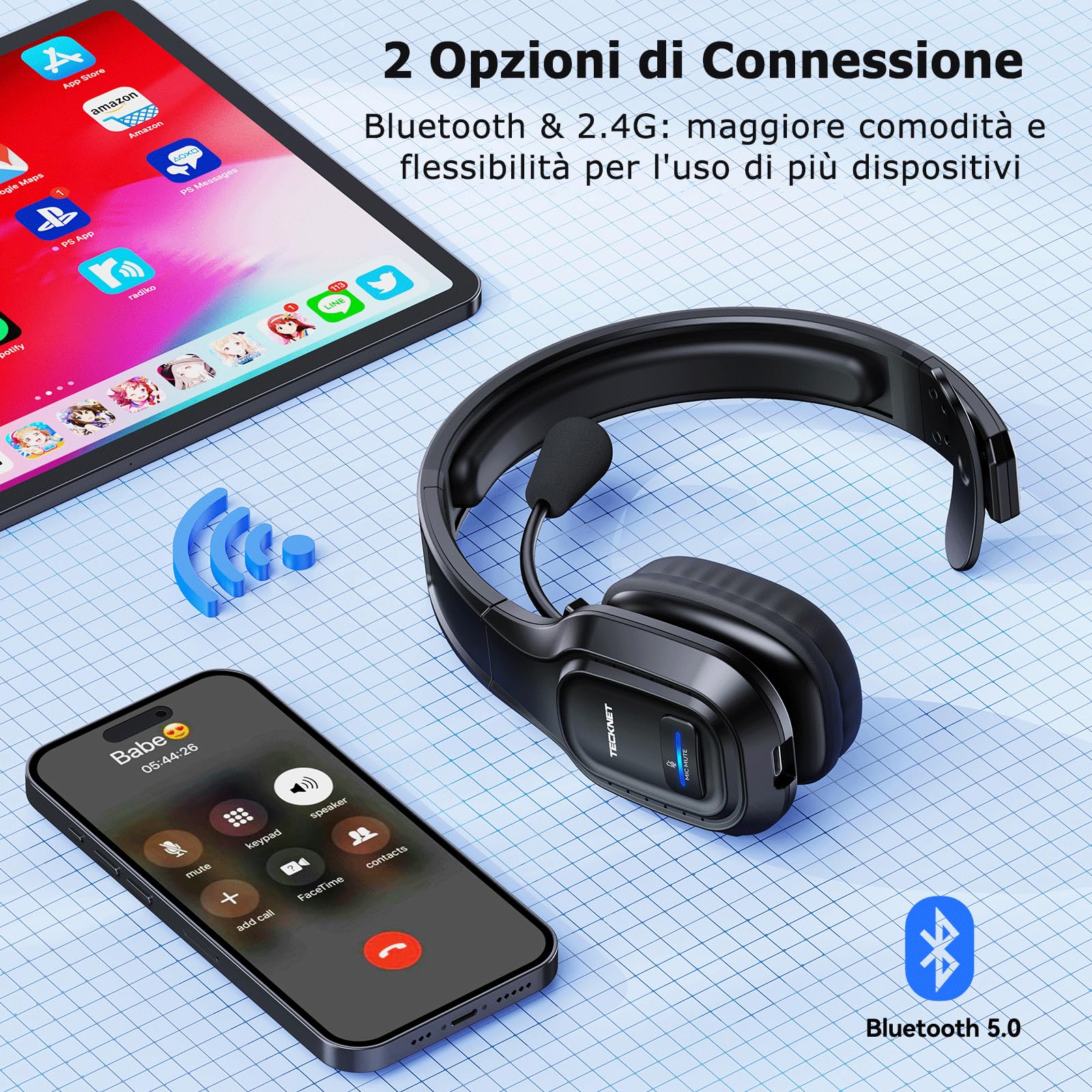 TECKNET Cuffie Bluetooth Senza Fili con Micro, Riduzione del Rumore Cuffie Audio 32-36 Ore di Autonomia per PC Portatile Computer/Call Center/Telefoni/Skype/Ufficio/Zoom/Camion Driver