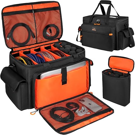 DJ Equipment Bag, Cable Organizer Bag with 8-Slot Mic Stand Storage, Laptop Compartment & Detachable Dividers, Padded Protective Case for Wireless Mics, DJ Accessories
