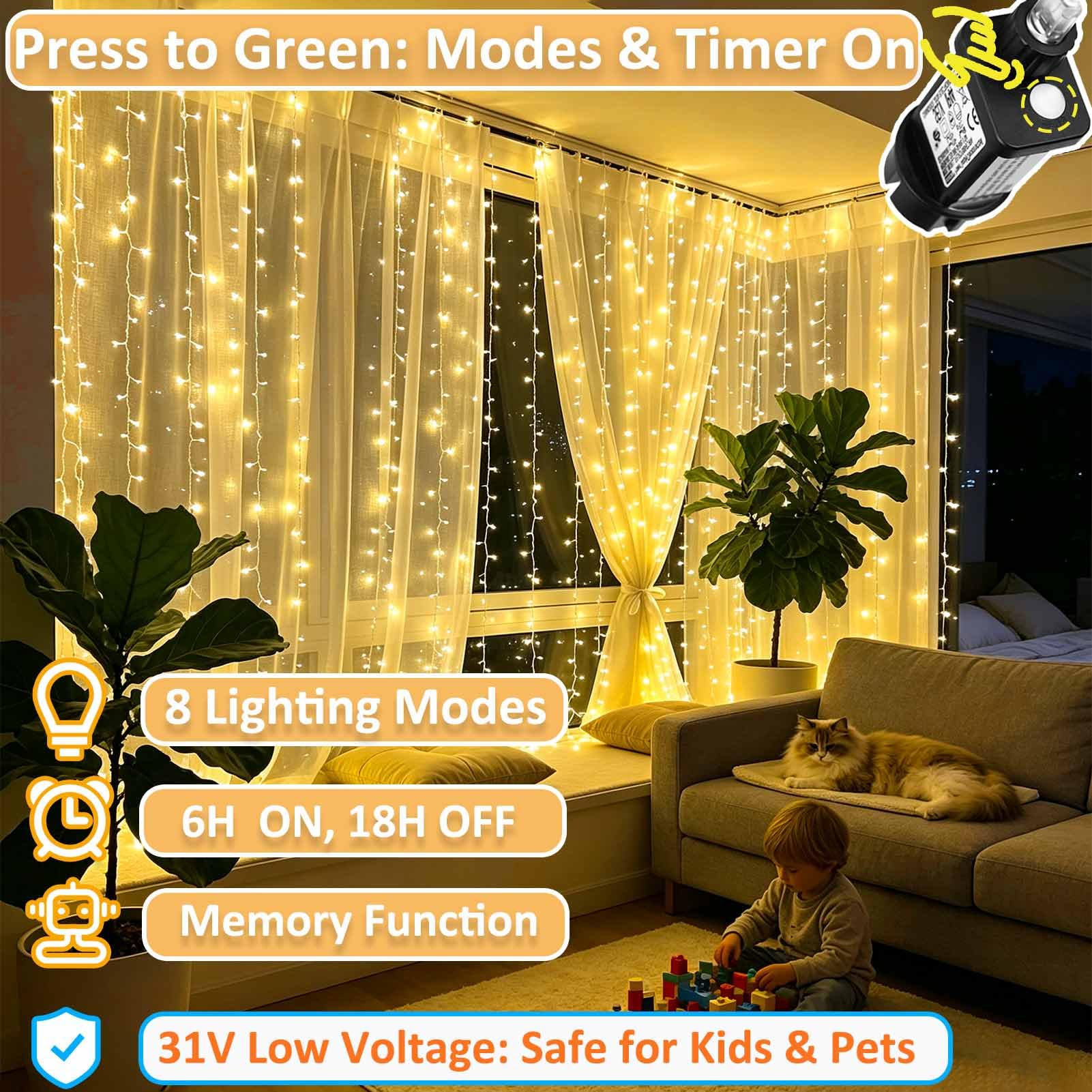 Cozymeow 2 Stück Lichtervorhang Innen Aussen 3x3m 300 LED Vorhang | 8 Modi mit Stecker, Wasserdicht Fenster Lichterkette Wand für Zimmer Balkon Hochzeit Party Terrassen Christmas Hochzeitsdeko