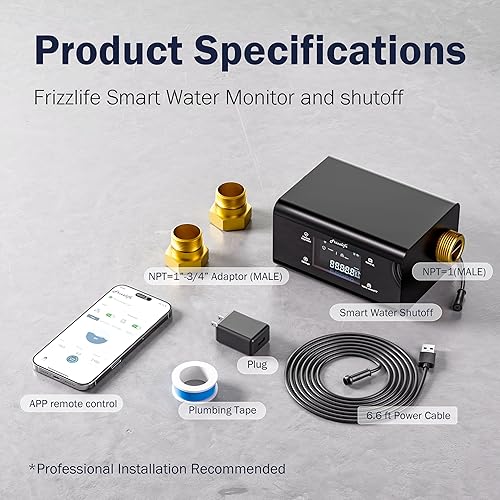 Miniatura 8 de Frizzlife Monitor de agua inteligente LP365 y apagado automático - Detección ultrasónica de micro fugas de 0.01 GPM, control remoto Wi-Fi por