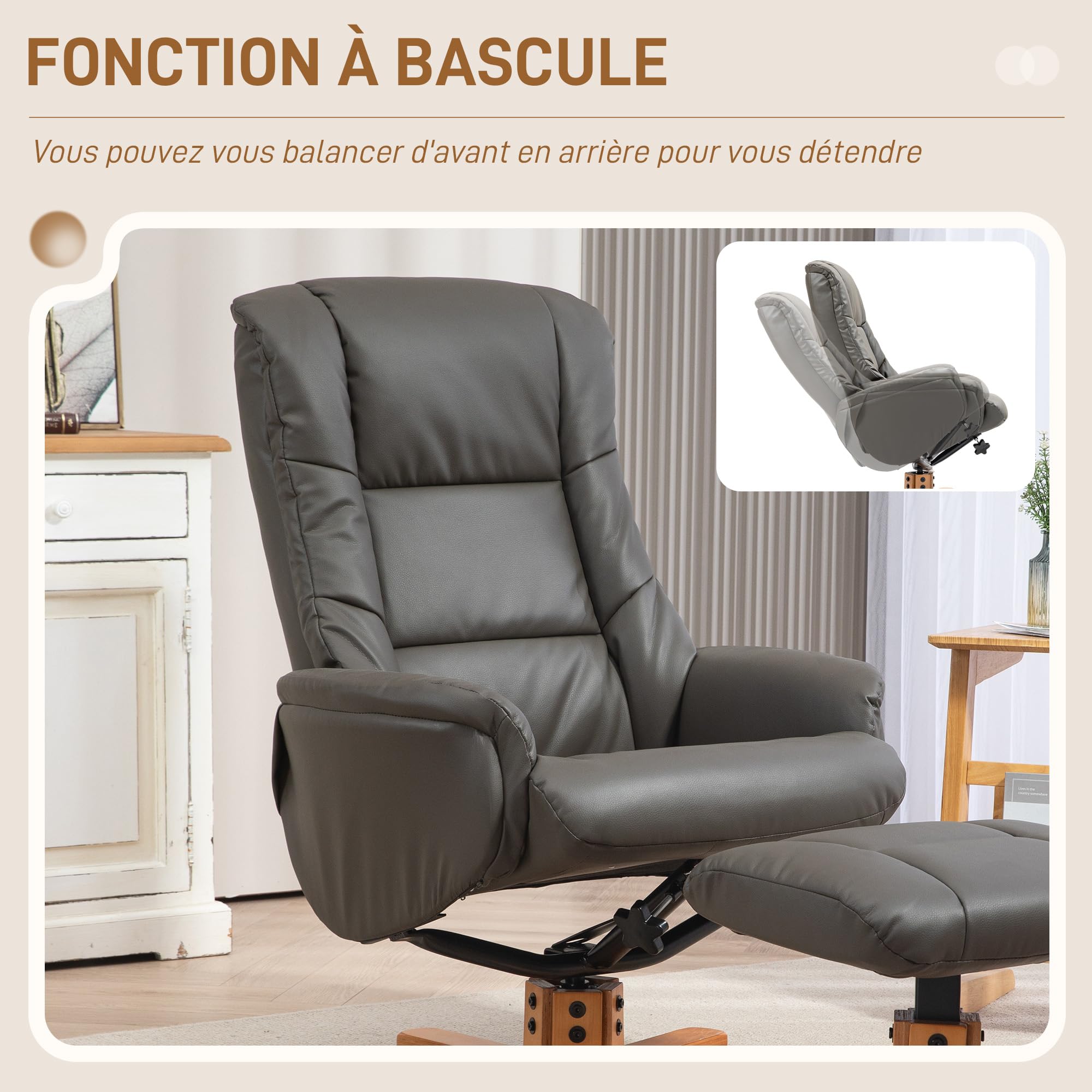 HOMCOM Fauteuil de relaxation avec repose-pied, fauteuil relax salon, dossier à bascule, fauteuil inclinable, assise rembourrée, revêtement synthétique, cadre en bois massif, design contemporain, gris