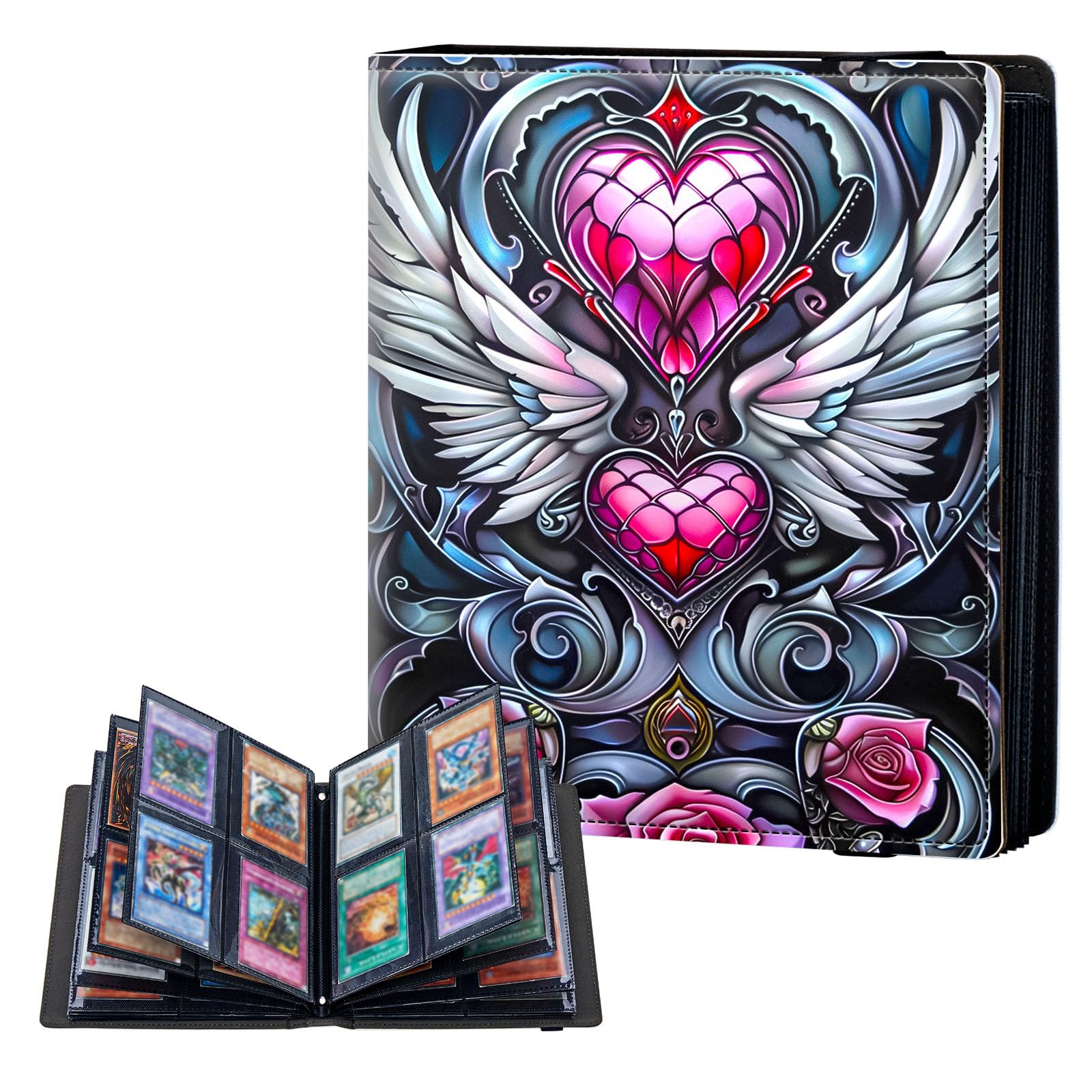 ETLKJVBL 4 Pocket Trading Card Binder, Card Collection Binder for TCG, MTG, Sports Cards, Baseball, Hearts Pink Roses Angel Wings Trading Card Book Holder for Collectors, Top Loader Binder