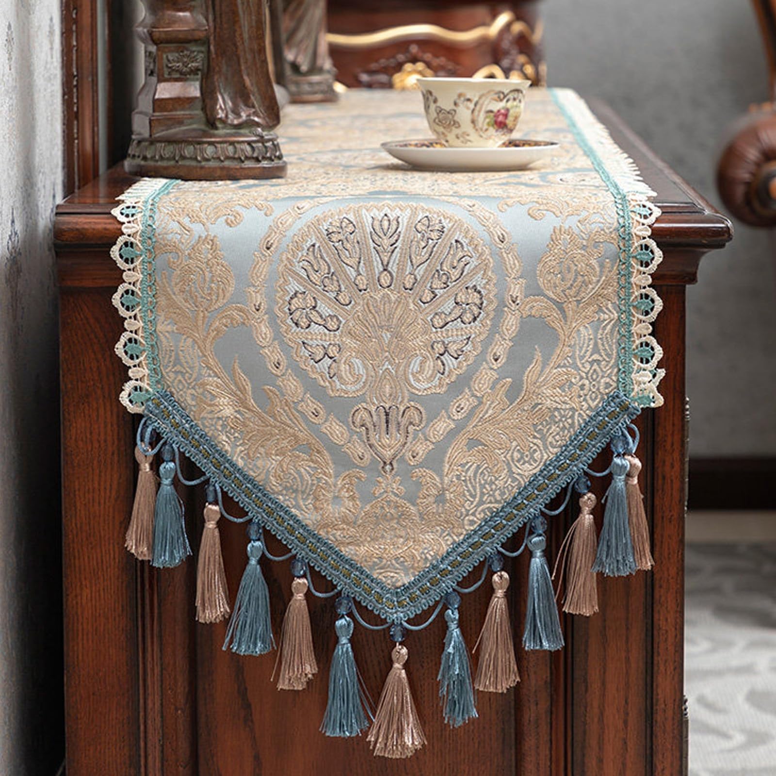Luxe Jacquard Table Runner,Vintage Luxury Long Table Runner With Lace Trim and Tassels,for Dining,Dresser,Coffee Table,Elegant Retro Home Deco(Blue,360cm/141.7in)