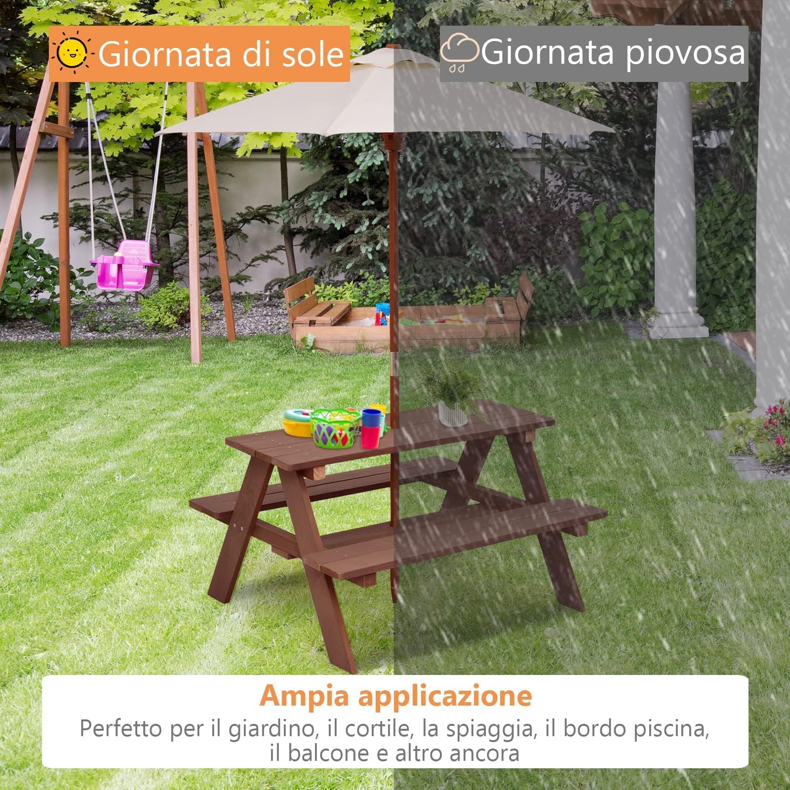GYMAX Set Tavolo da Picnic e Panca per Bambini, Tavolo da Gioco in Legno di Abete con Ombrellone Rimovibile e Pieghevole, per Giardino Cortile Patio, Bambini (Stile 2)