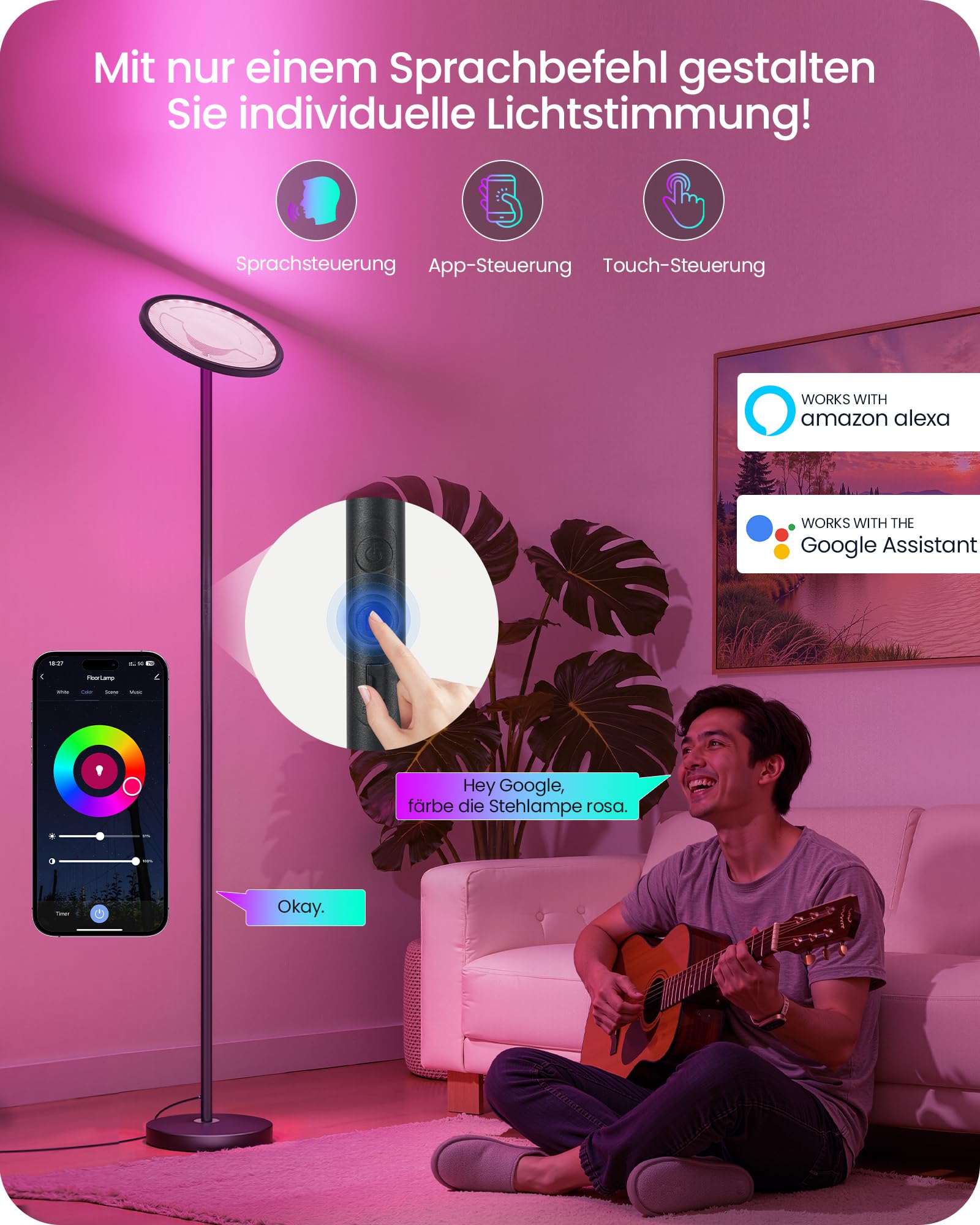 Compatibile con Alexa, Sync. Musicale, 30 W, Luminoso Regolabile 10-100%, Timer per Soggiorno, Nero