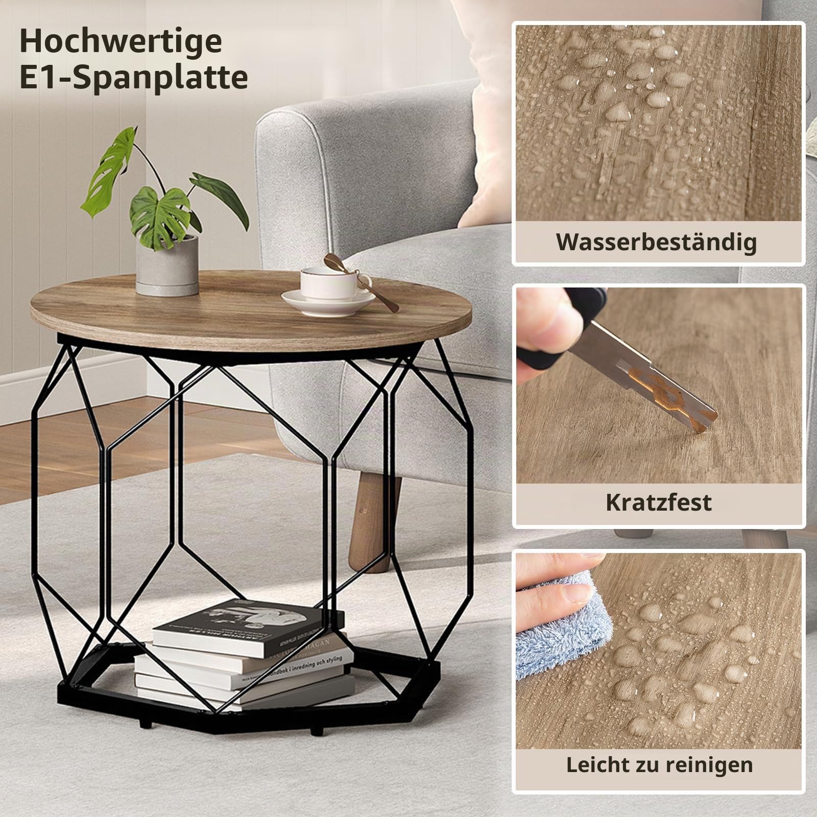 WOLTU Couchtisch 2er Set,Beistelltisch rund,hohlem Metallrahmen | Wohnzimmertisch mit Stauraum,Graue Holzoptik,einfache montage,bis 25 kg,für Wohnzimmer,Schlafzimmer ,Büro