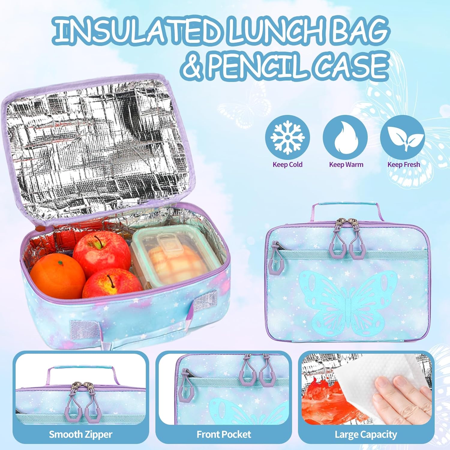 Kids Backpack for Girls, 3Pcs Butterfly Wings School Backpacks Lunch Box Pencil Case Preschool Lightweight for Girls Age 4-6 (Blue) - Image 6