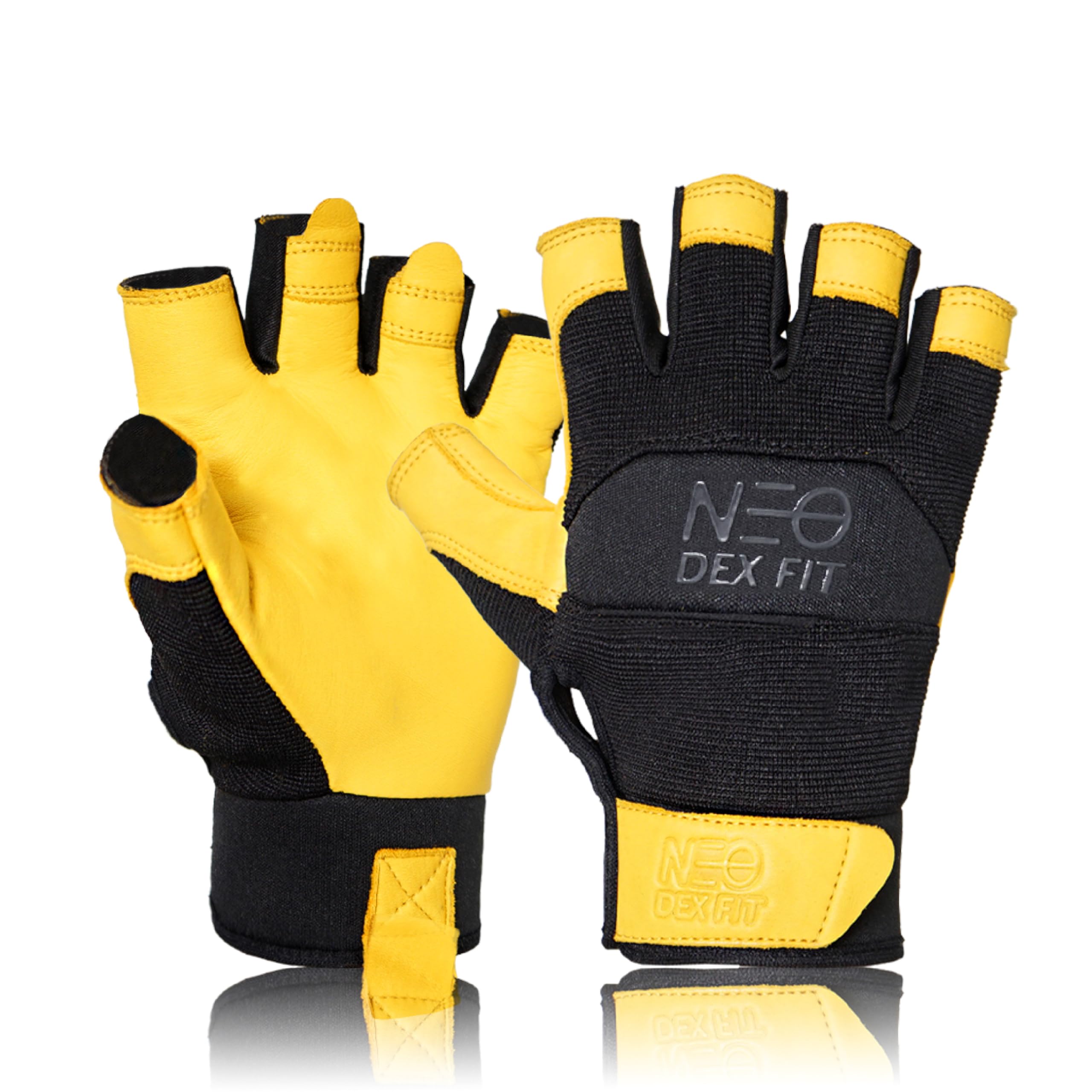 DEX FIT MG210P Fingerless Mechanic Work Gloves, Waterproof Cowhide Palm, Breathable Open Finger Design for Fishing, Auto Repair, DIY, Hand Washable; Gold Black 1 Pair