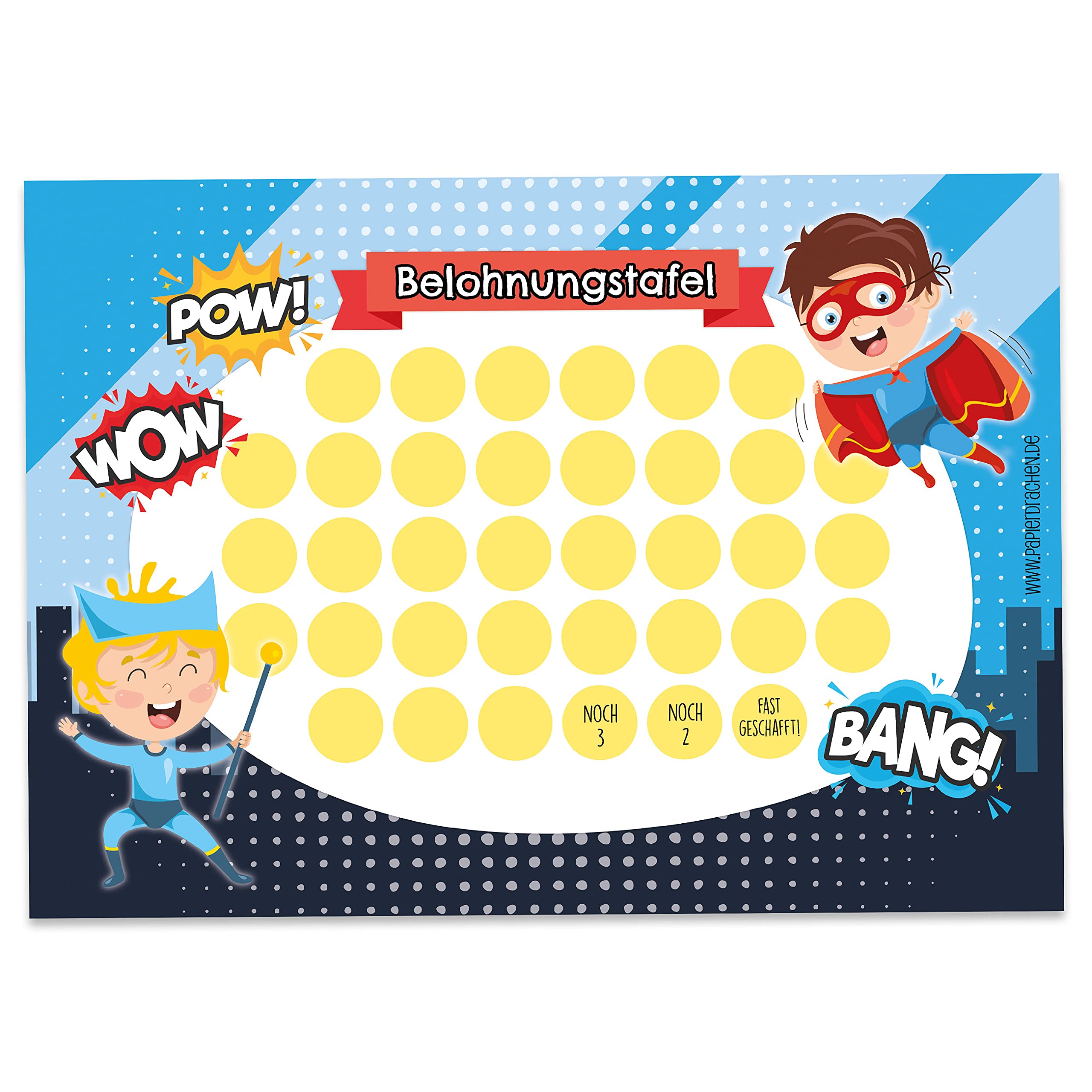 Papierdrachen Reward Chart Set for Children as Tear-Off Pad 10 Sheets  Motivational Concept as Educational Aid  with Great Stickers for Boys and Girls  Motif Superheroes Boys Set 9