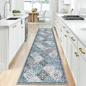 KILOCOCO 2x10 Runner Rug, Moroccan Super Soft Washable Hallway Entryway Runner Rug, Accent Print Faux Wool Kitchen Runner Non-Slip Boho Carpet for Laundry Room Bedroom, Blue/Multi