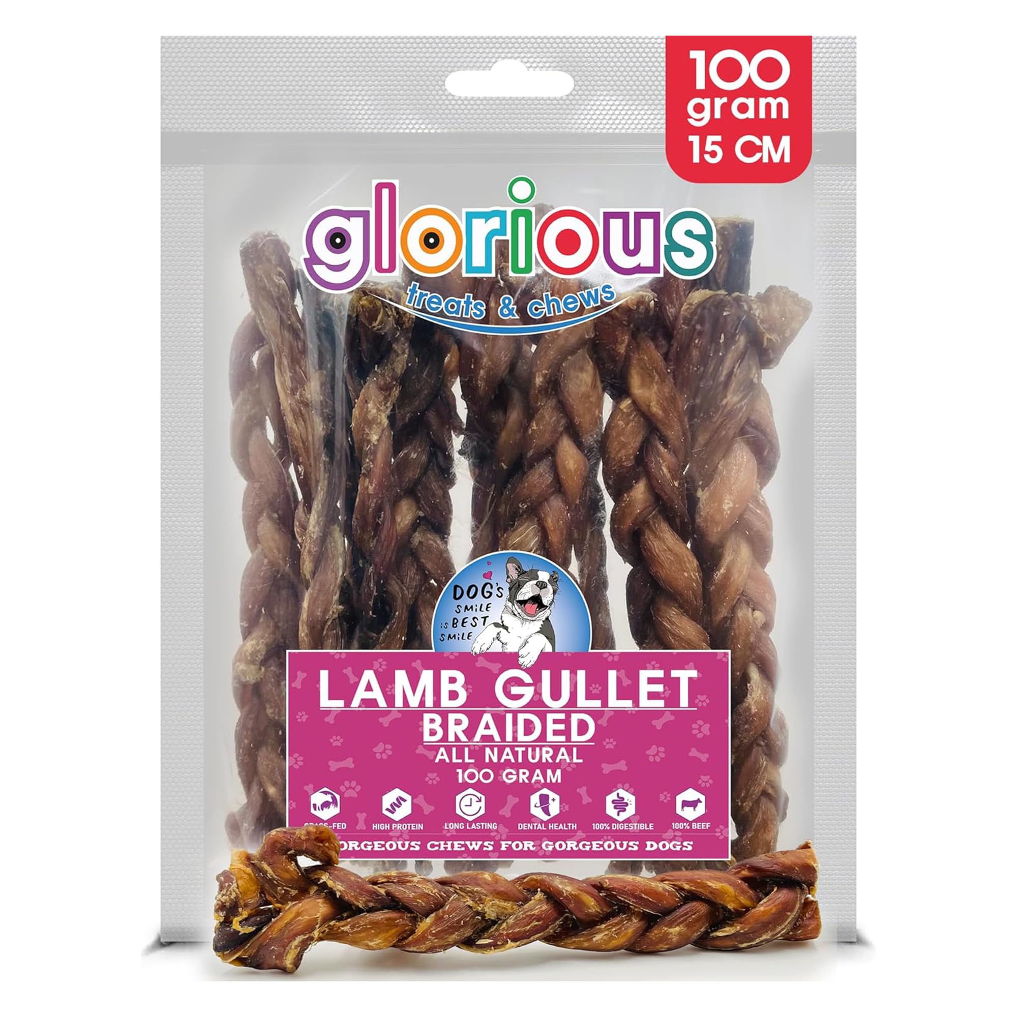 Glorious Treats and Chews – Natural Braided Lamb Gullet Dog Chews, High-Protein, Single Ingredient, Air-Dried for Small to Medium Dogs, Gluten Free, No Additives or Preservatives