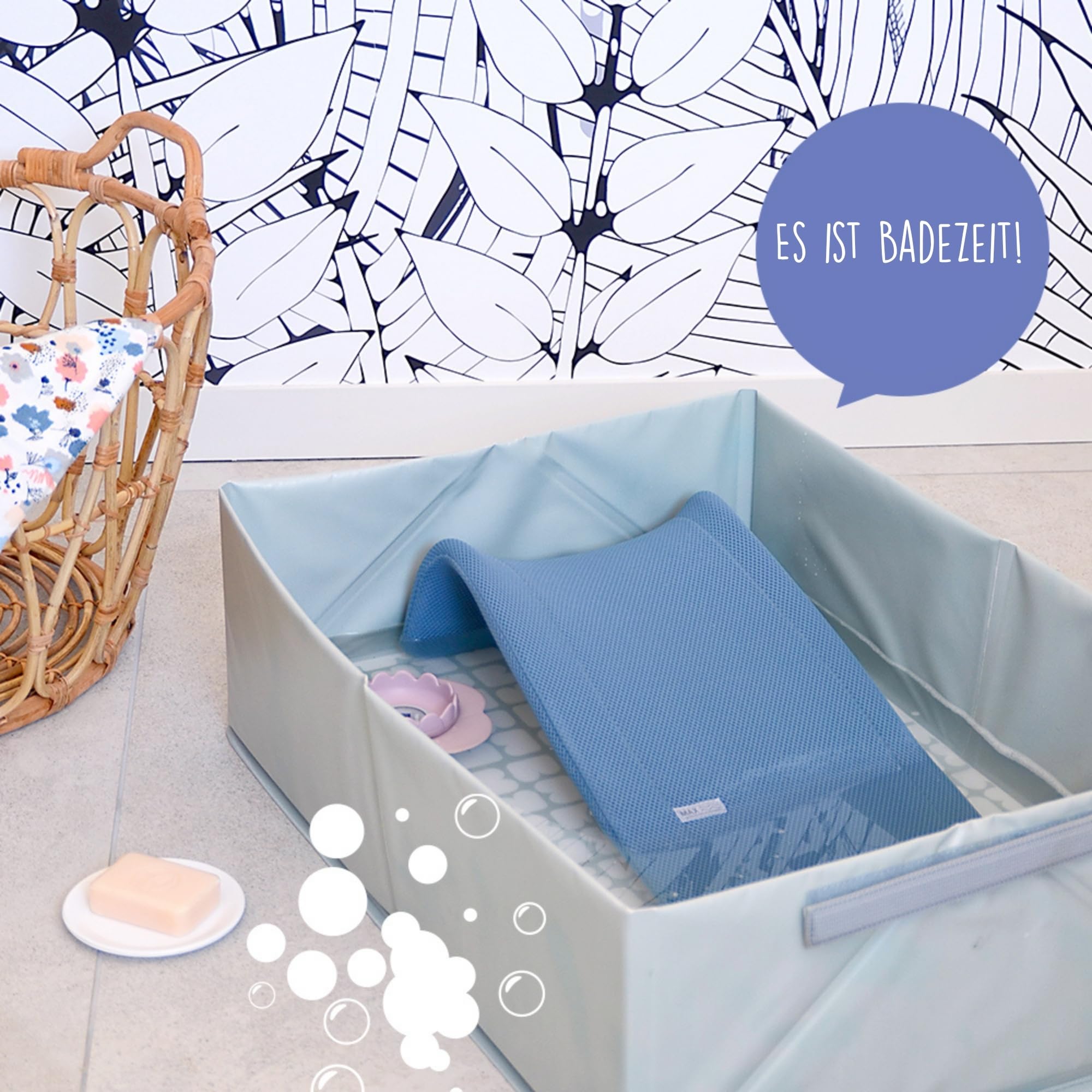 BÉABA, Faltbare Babybadewanne, ultrakompakt, stilvoll und trendig, praktischer Stauraum, minimaler Platzbedarf, einfach zu bedienen, Camele'o Pop-Up-Badewanne, Blau — kompatibel mit Béaba Abgewickelt