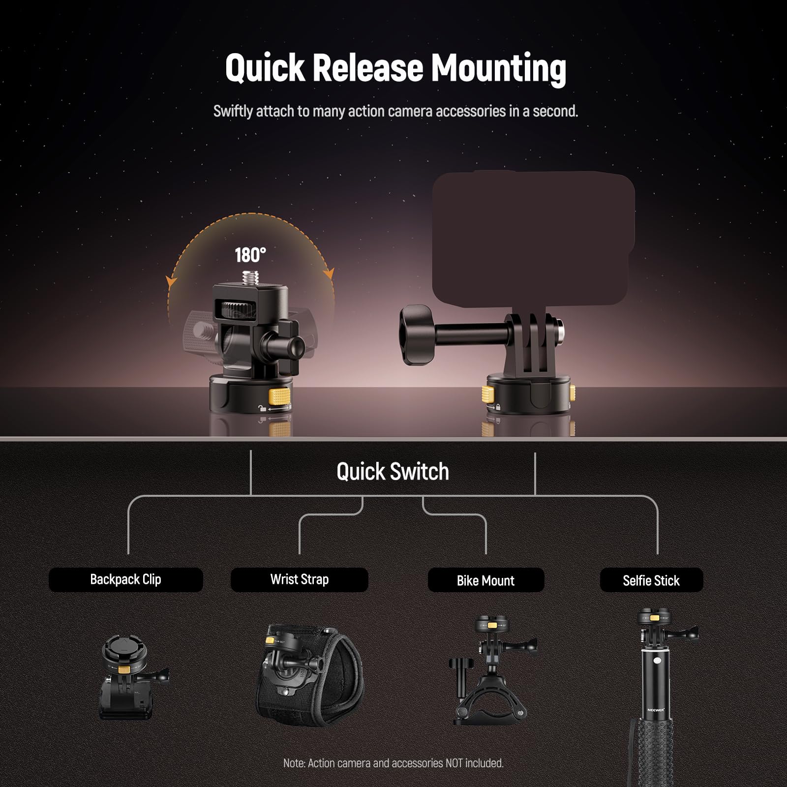 Neewer Kit de montage de caméra 6 en 1,compatible avec Hero13 12 11 Max DJI Osmo Action Insta360,support magnétique à dégagement en métal avec filetage1/4"/doigts pliables pour prises de vue POV,GP-23