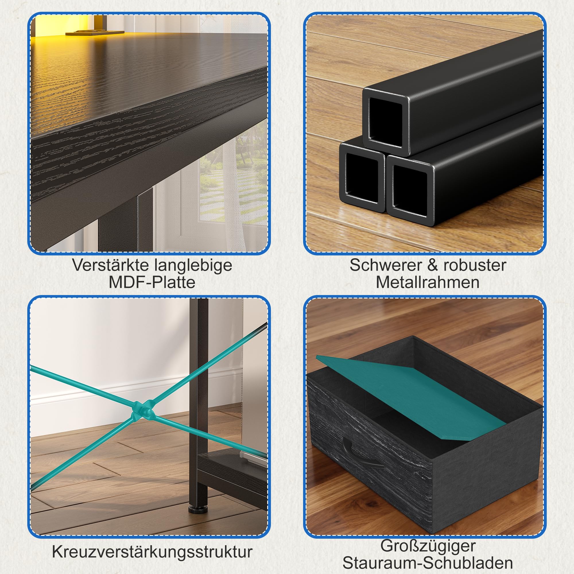 140x80 cm L Form Gaming Schreibtisch mit 3 Schubladen, Monitorständer, LED, USB-Ladeanschluss und Steckdose, Umkehrbar Computertisch mit Kopfhörerhaken für Homeoffice und Gaming, Schwarz