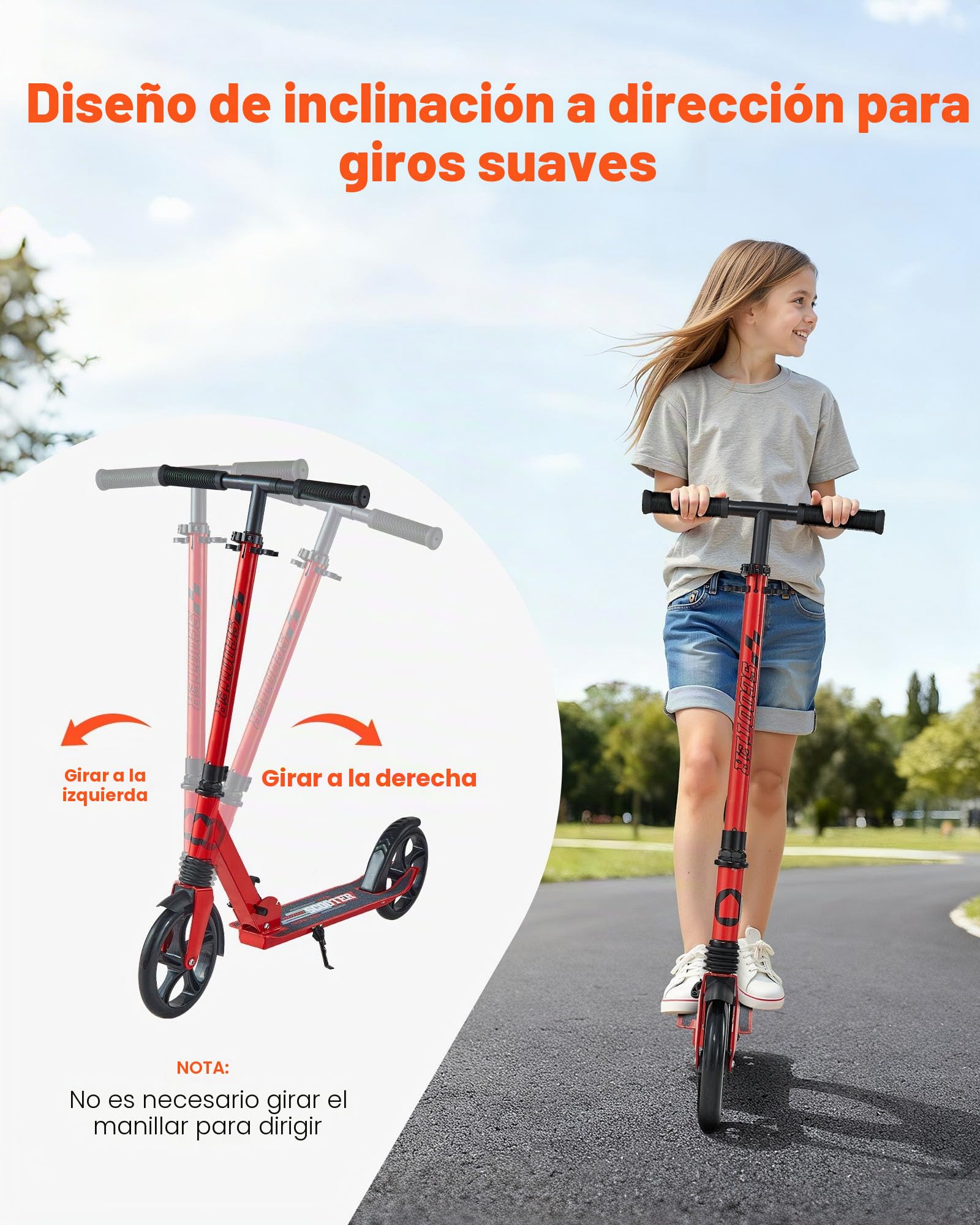 VEVOR Patinete 2 Ruedas, para Niños a Partir de 8 Años, con Manillar Regulable en Altura y Base Antideslizante, Patinete Plegable hasta 100 kg, Negro y Rojo, Armazón de Acero, 900 x 380 x 1000 mm