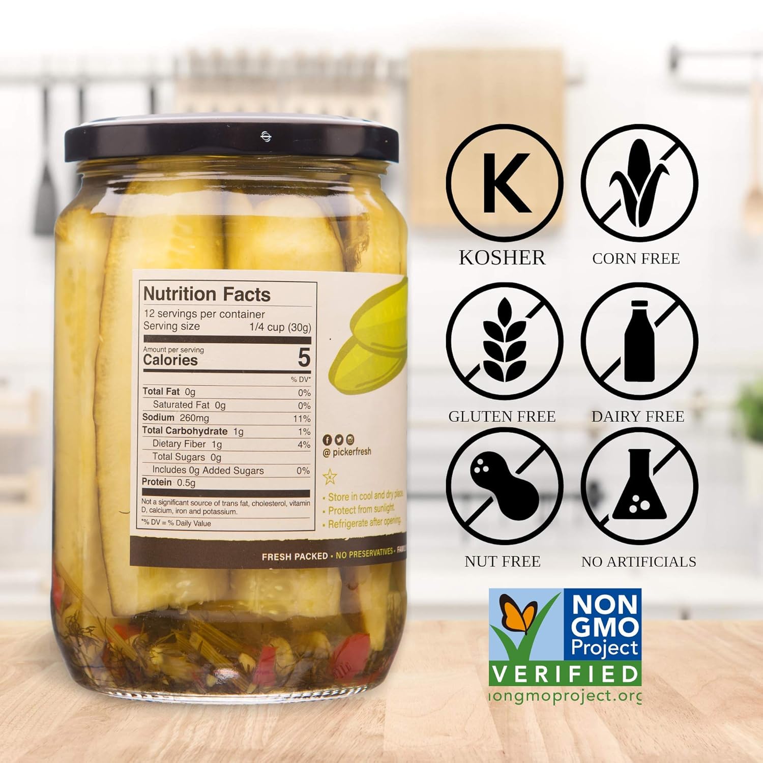 Pickerfresh Kosher Spear Dill | Dill Pickle Spears for Appetizers & Snacks | Simple Ingredients | Non-GMO, No Artificial Color & No Preservatives | 24 oz (6 Pack)