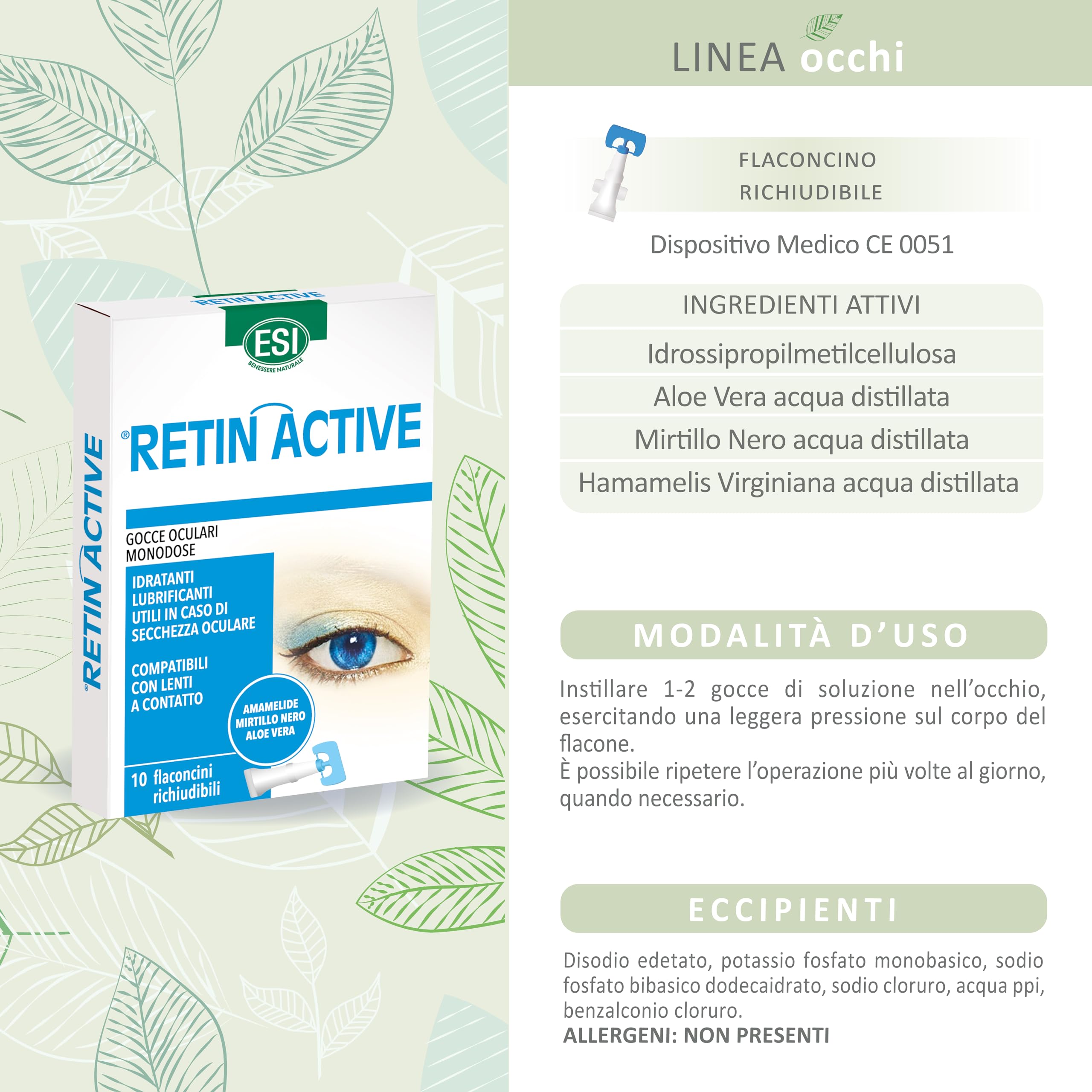 ESI - Retin Active, Gocce Oculari Monodose a Base di Mirtillo Nero per il Benessere della Vista, Idratanti e Lenitive, Proteggono gli Occhi da Condizioni Ambientali Sfavorevoli, 10 Flaconcini
