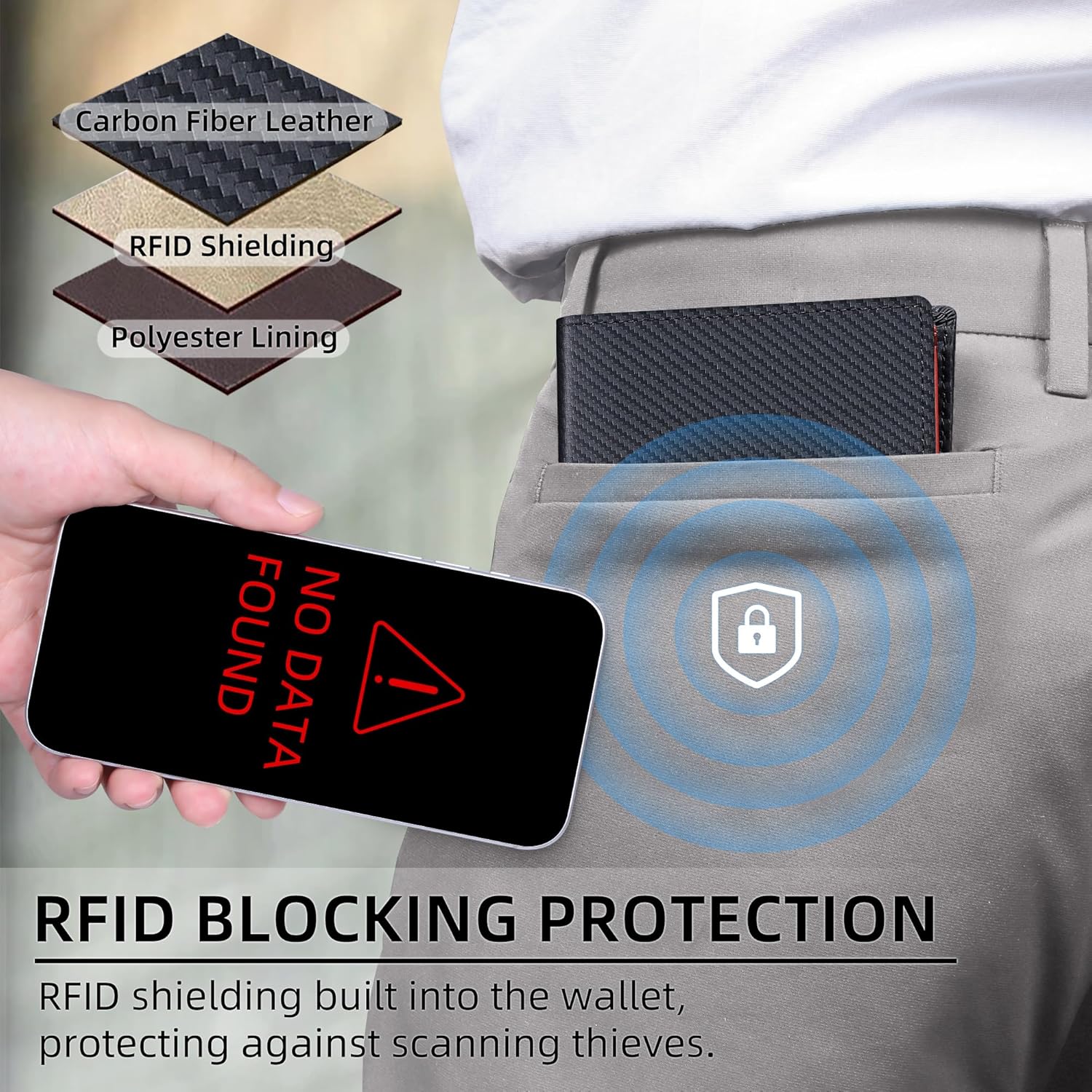 VISOUL Mens Bifold Wallet with 2 ID Windows Carbon Fiber Leather, RFID Blocking Secure Designer Billfold Wallets for Men with Two Cash Compartments (Black+Orange Red) - Image 6