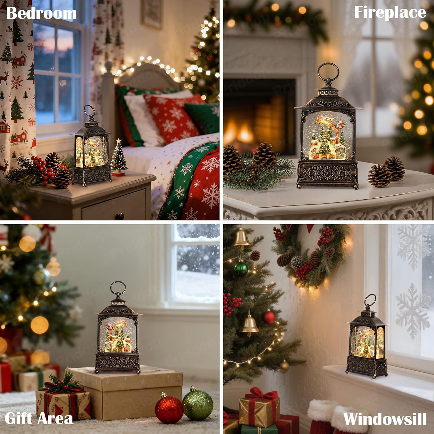 Village Snow Globe Christmas Decorations Indoor Santa Claus Reindeer Church Cabin Snow Village Scene Gifts Classic Relief Texture Musical Glitter Snowfall USB/Battery Timer Lantern 10.4 inch - Image 5