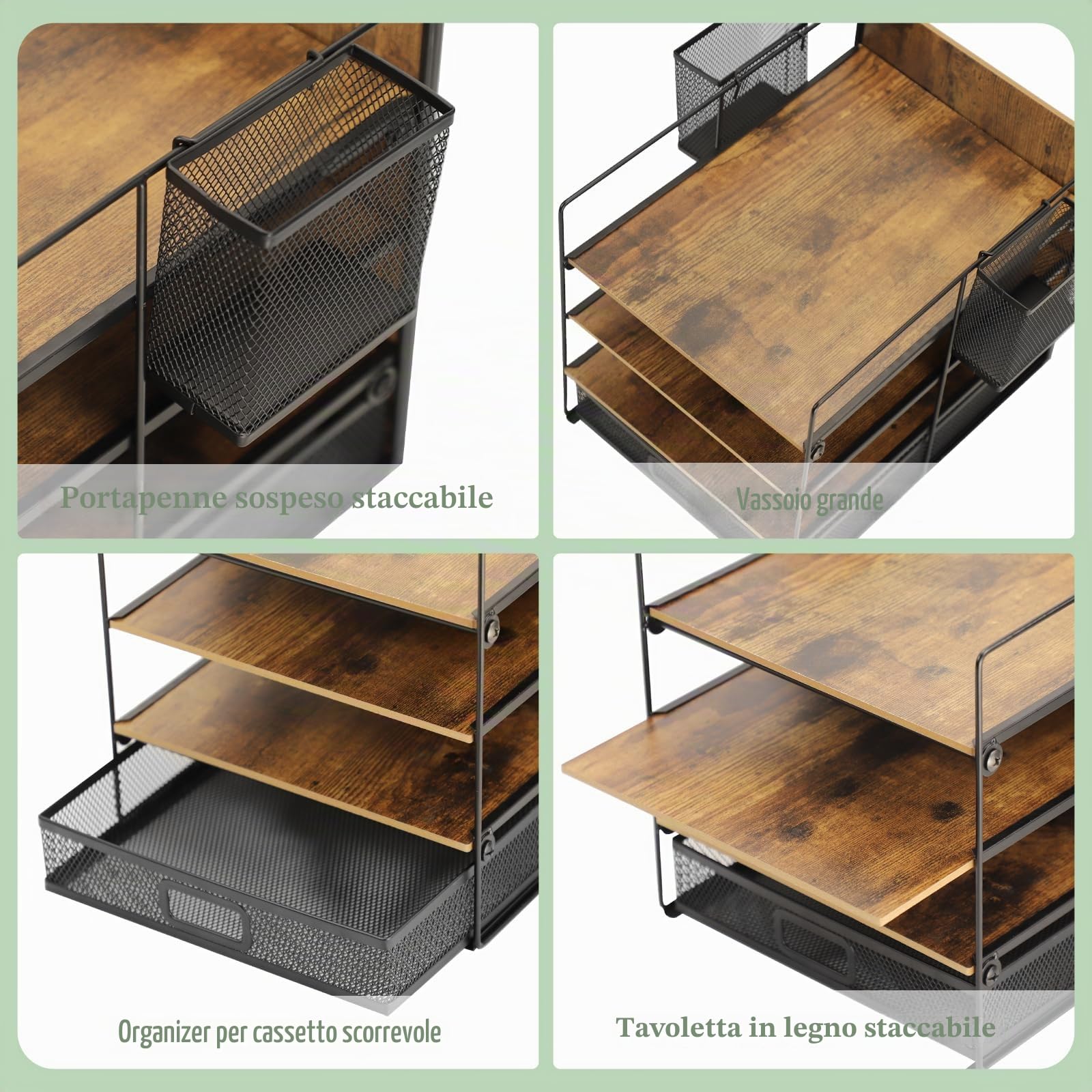 Organizer da scrivania a 4 ripiani in rete A4, in legno e metallo, con 2 portapenne, organizer da scrivania in rete con cassetto per ufficio, scuola e casa