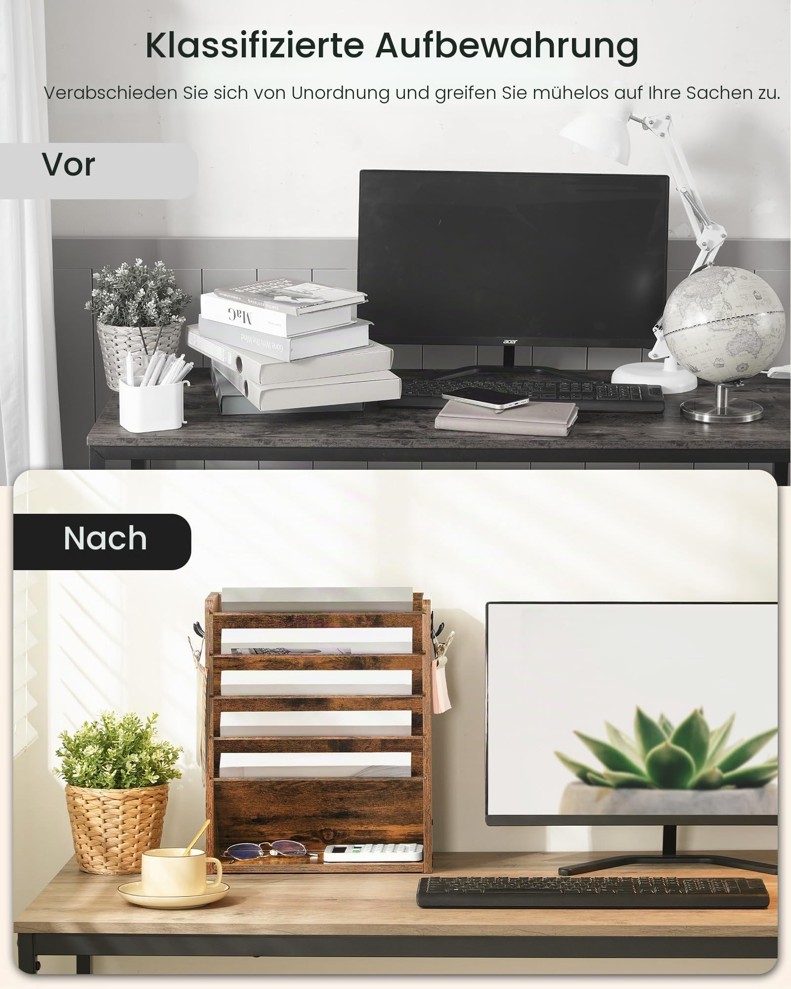 CHOEZON Zeitungshalter Wand, Wandorganizer aus Holzwerkstoff, Wandmontierter Ordner-Organisator, 6-stufiges Dokumentenregal, mit 2 Haken, für das Home Office, Rustikales Braun DMWJ01FG