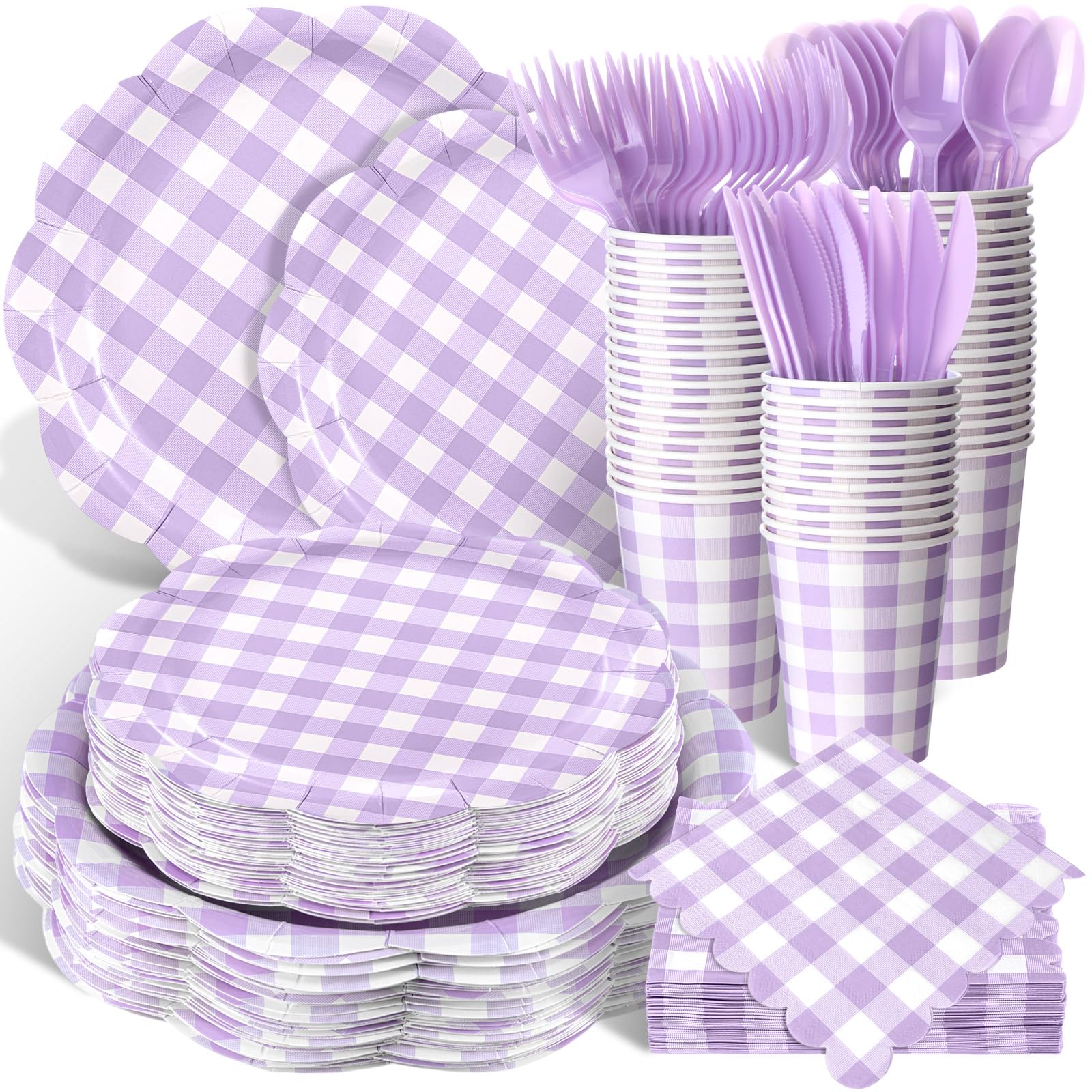 Funnymoom 400 Pcs Gingham Party Supplies for 50 Guests Purple and White Paper Plates and Napkins Knives Spoons Forks Cups Disposable Checkered Dinner