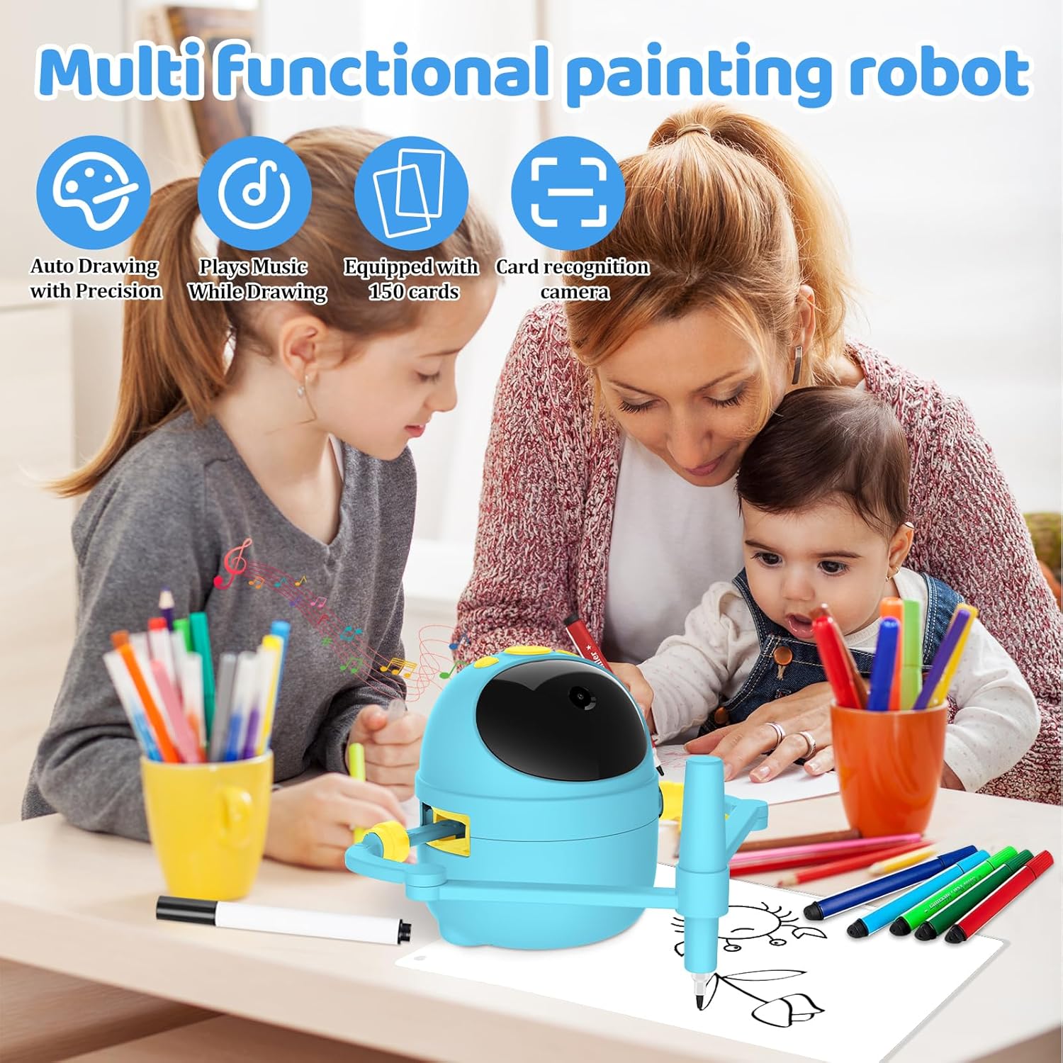 Drawing Robot for Kids with Card-Sensing Camera, 150 Learning Cards and 17 Colored Pens, Smart Painting Art Machine with Voice Guide for Boys Girls, Step-by-Step Auto Drawing for STEM Early Learning - Image 4