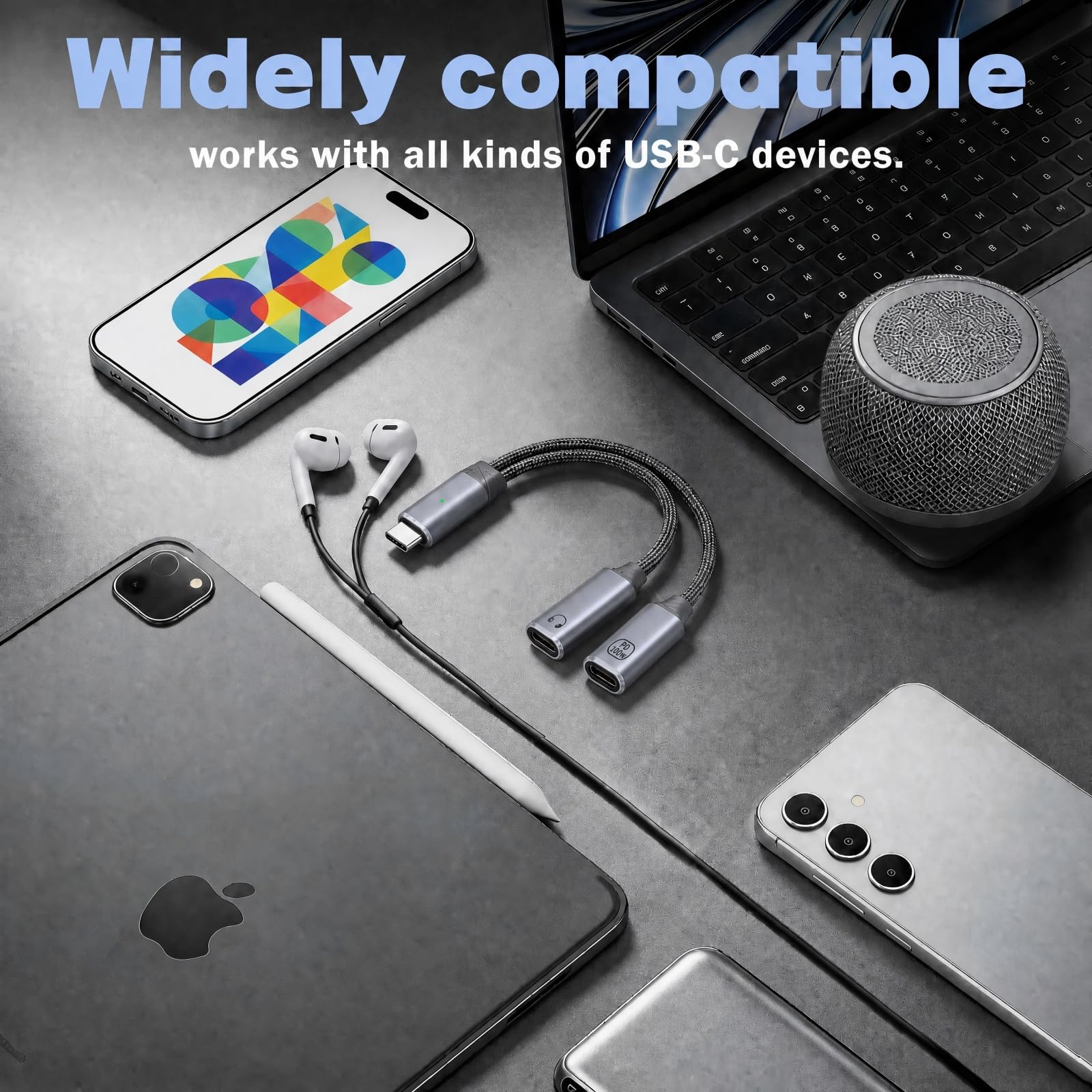 Adapter słuchawkowy USB-C rozdzielacz USB-C typu Y 2 w 1 adapterem audio szybkim ładowaniem 100W laptopa tabletu smartfona – Szary