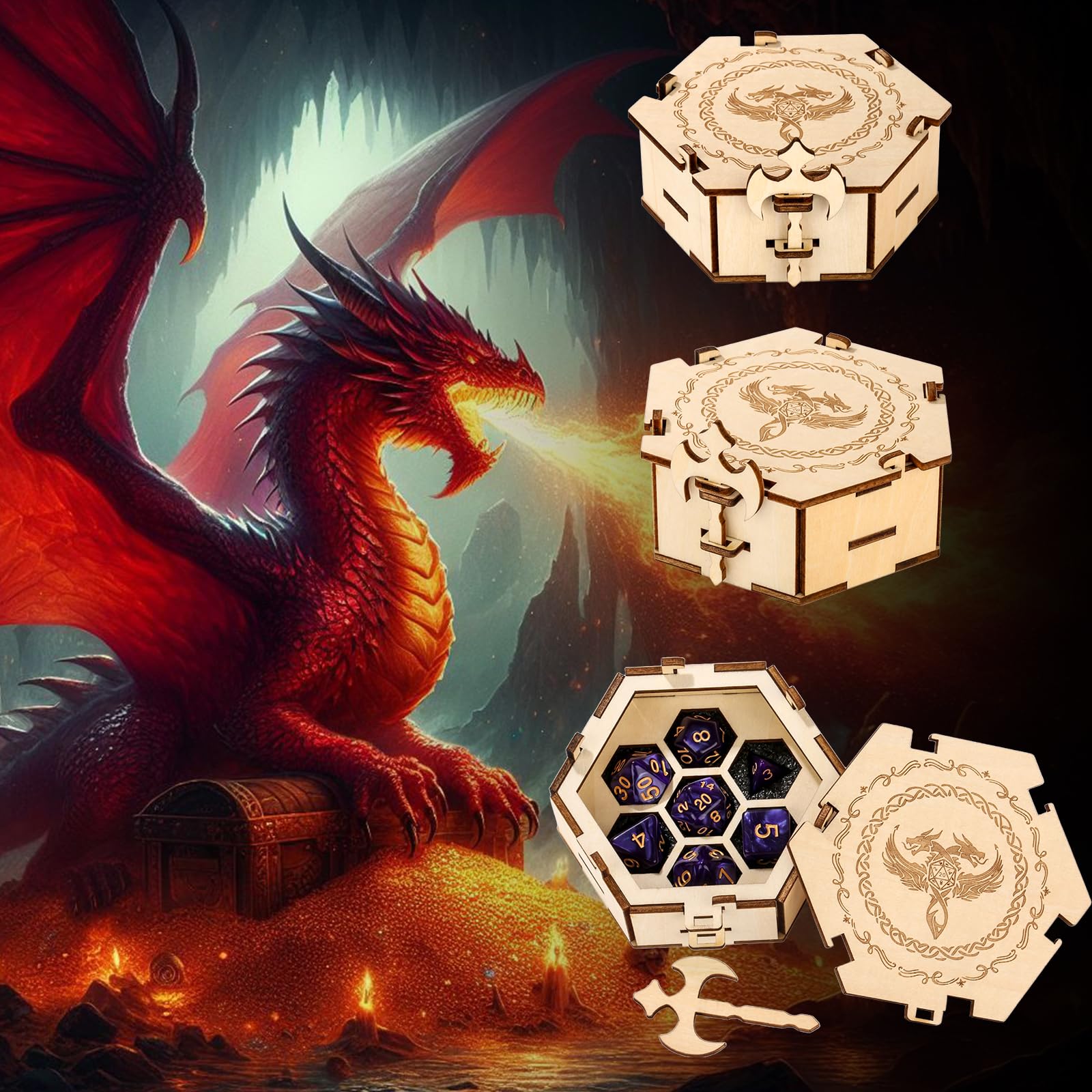 Contenitore per dadi, 7 dadi poliedrici di D&D, Scatola portaoggetti in legno per giochi da tavolo