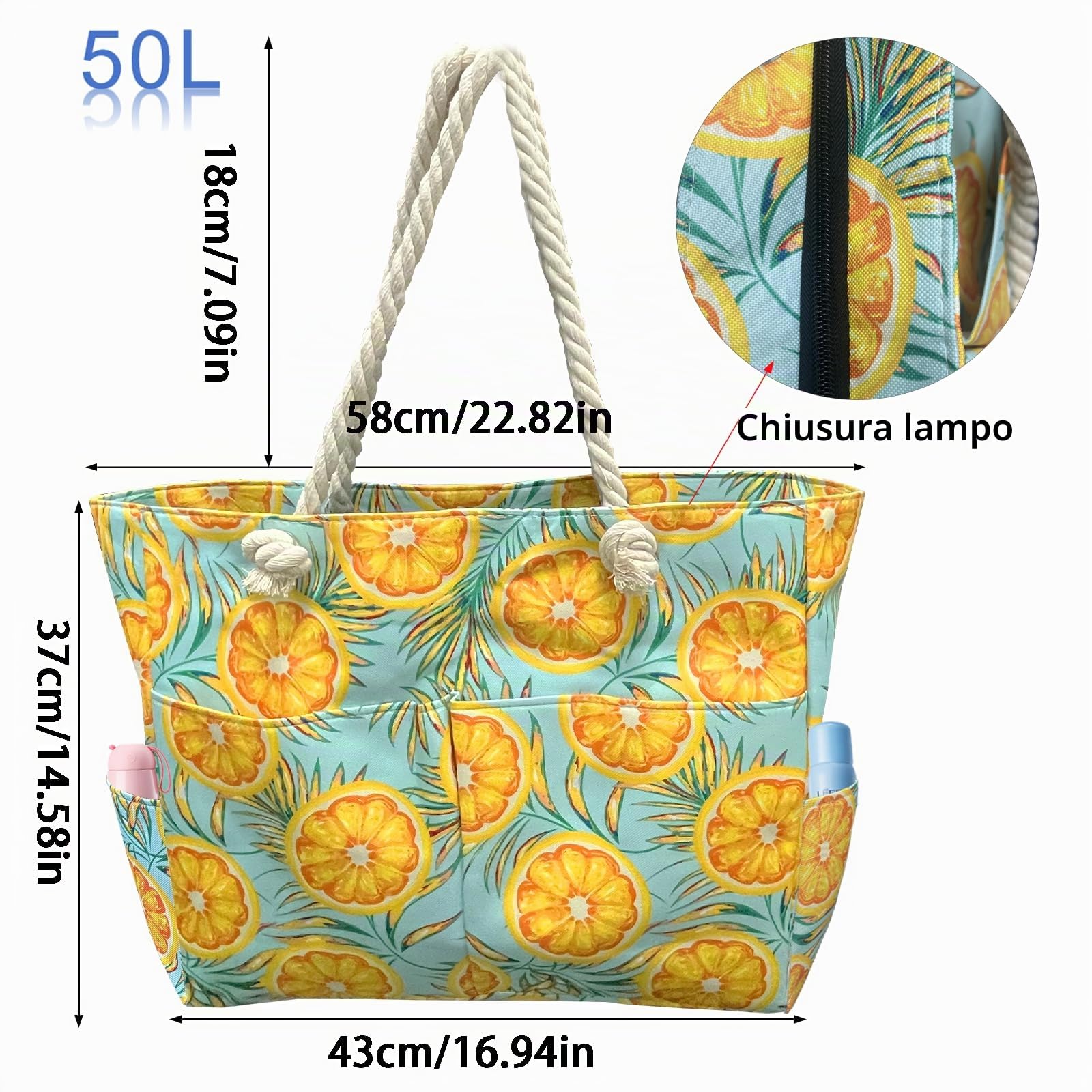 Borsa Spiaggia XXL 50L Arancione Donna Grande Impermeabile Pieghevole Termica con Cerniera