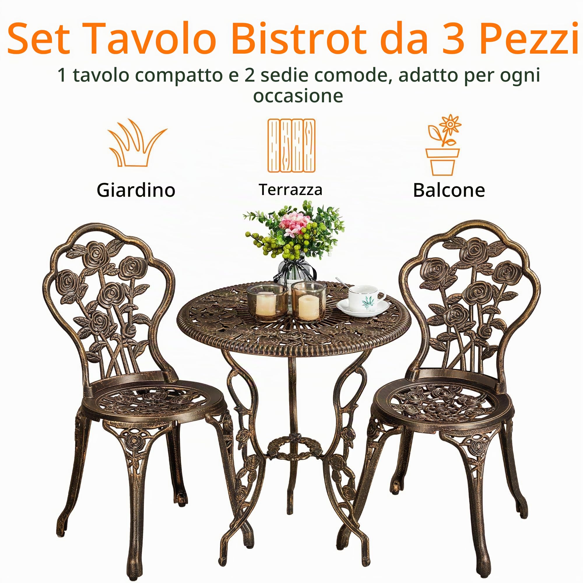 Yaheetech Set di Tavolo e Sedie da Giardino 3 Pezzi con 2 Sedie Bistrò Veranda Set Mobili Balcone Motivo a Rosa Vintage in Alluminio Bronzo