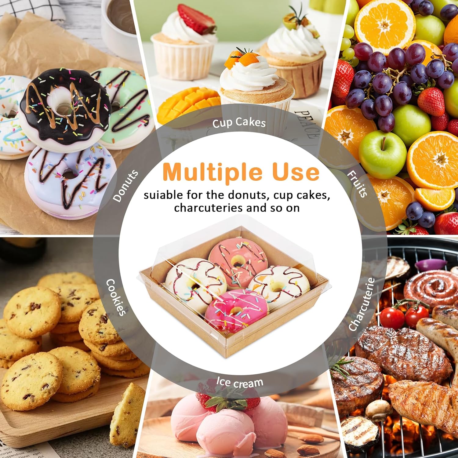 300 Pcs Paper Charcuterie Boxes with Clear Lids, 100 Brown Disposable Food Containers, 200 Bamboo Skewers, Square Bakery Boxes Cake Containers for Pastry, Dessert, Cookie, Salad, Sandwich