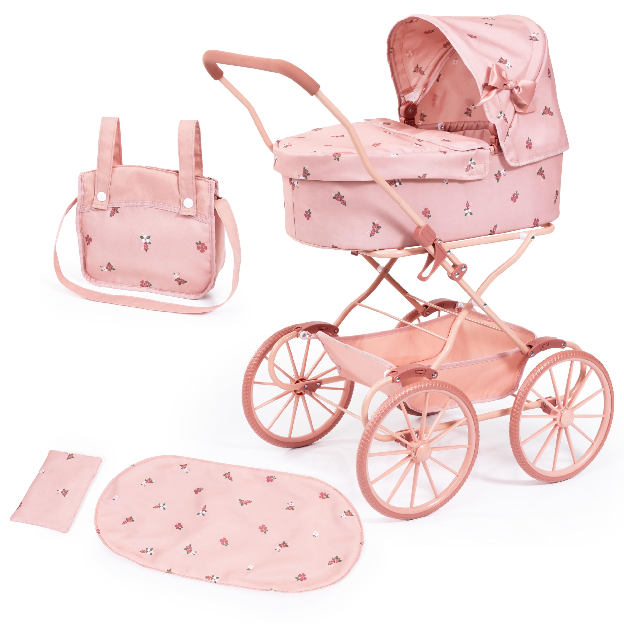 Bayer Design Poussette Landau de poupée nostalgique avec Sac | landau de poupée classique avec grandes roues, coussin, sac, poignée haute, pour poupées jusqu'à 46 cm, panier intégré