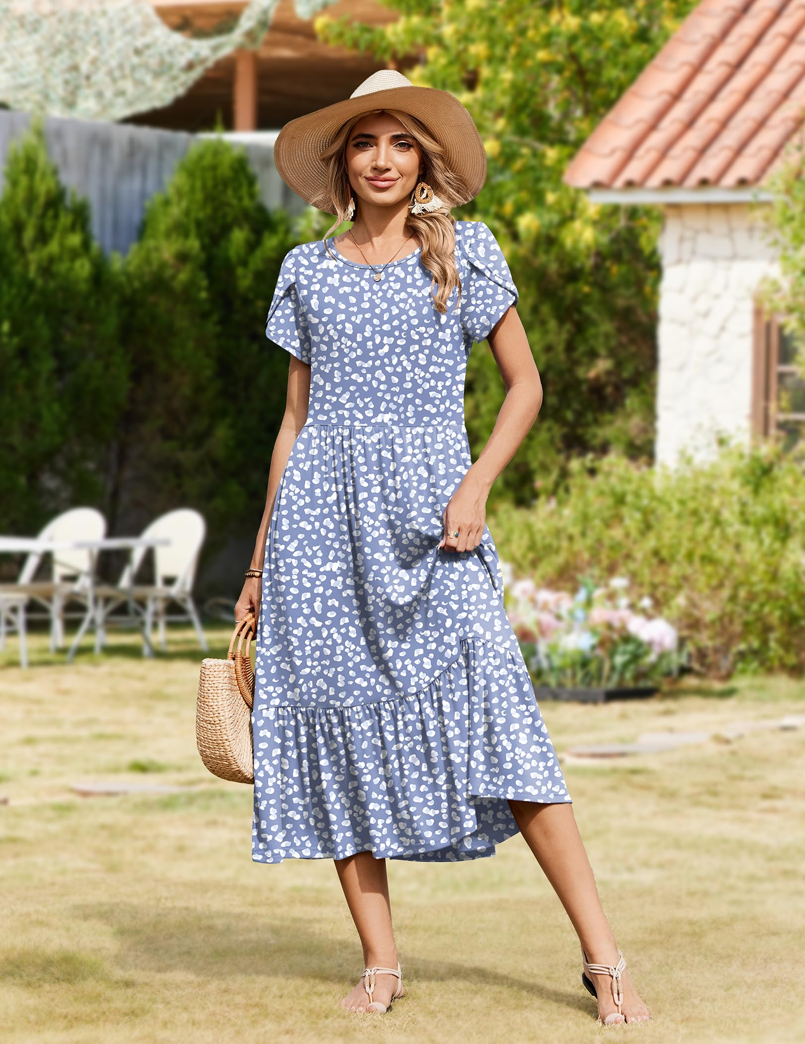 ZEAGOO Vestido Verano Manga Corta Medio-largo para Mujer Vestidos Holgado Cuello Redondo con Bolsillos Bohemio Elegante Vestido S-XXL