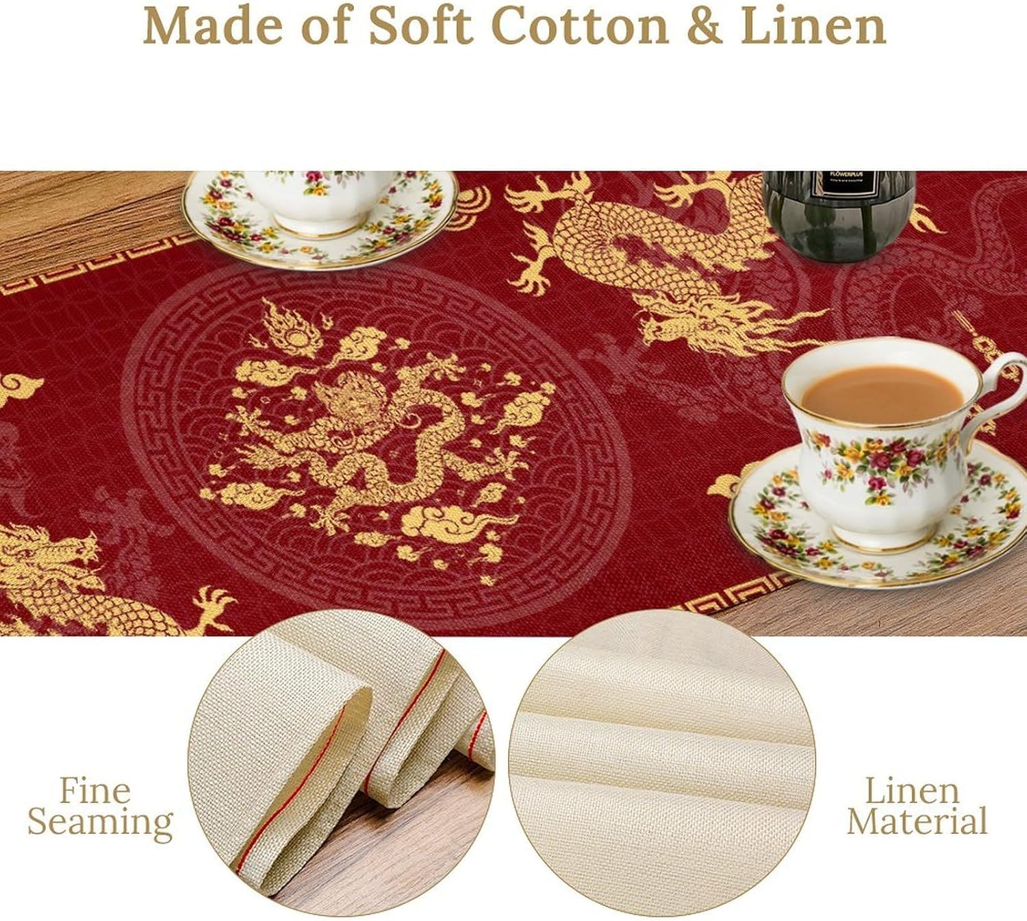 Chinese Dragon Table Runner, Red and Gold Oriental Style with Traditional Dragon Motif, Vintage Asian Decorative Dining Table Decor for New Year or Party, Polyester Linen, 13x108 Inch