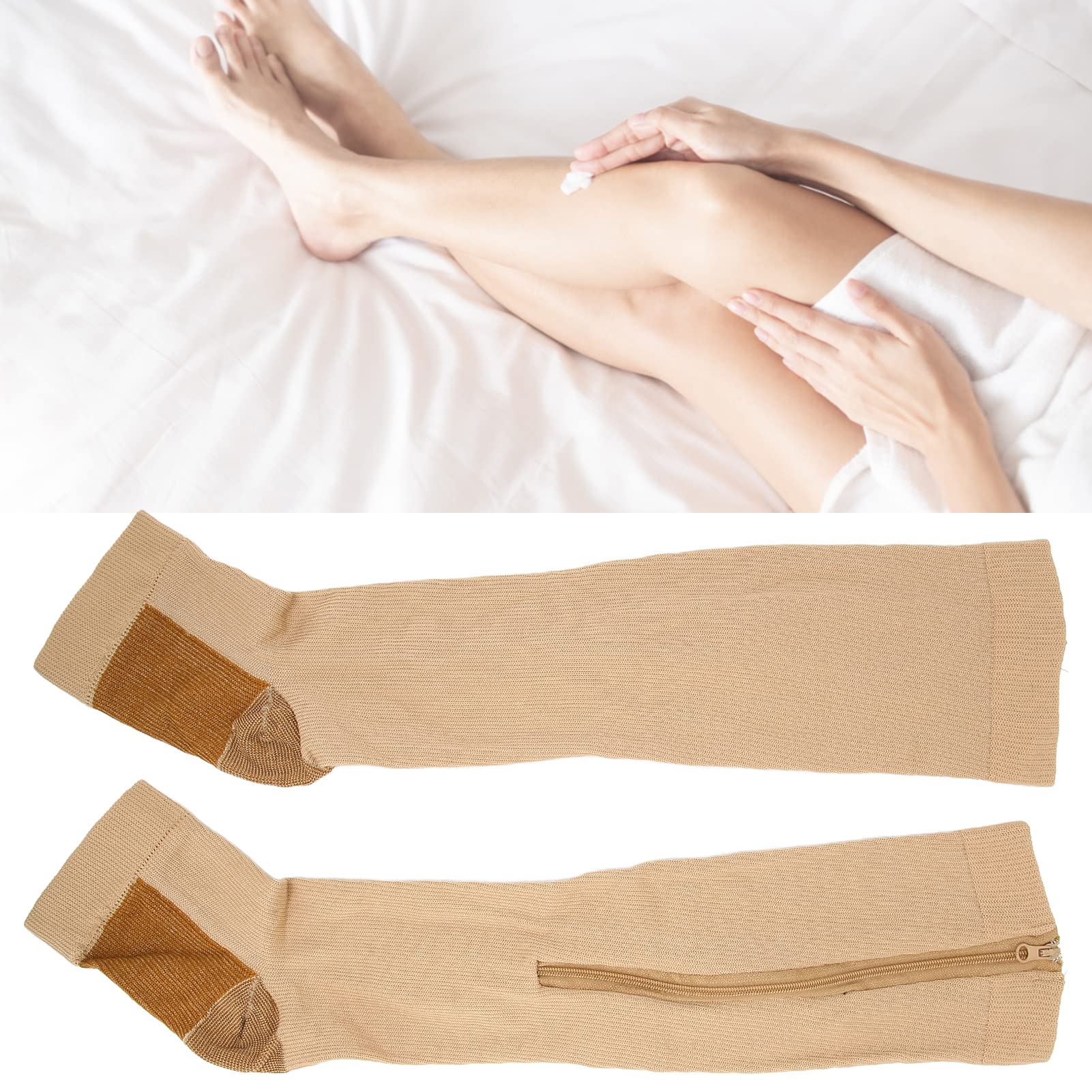 Zipper Compression Socks Soft Nylon Washable Reusable Open Toe Leg Shaping Socks for Women Men High Elastic Calf Zippered Compression Sleeve Compression Stockings(L XL Skin tone) - Image 3