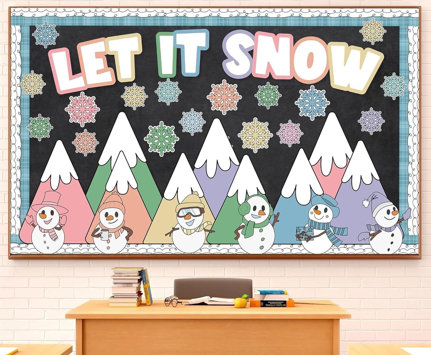 Winter Bulletin Board Decoration Let It Snow Bulletin Board Set Pastel Mountains Snowman Snowflake Cutouts Classroom Decoration for School Chalkboard
