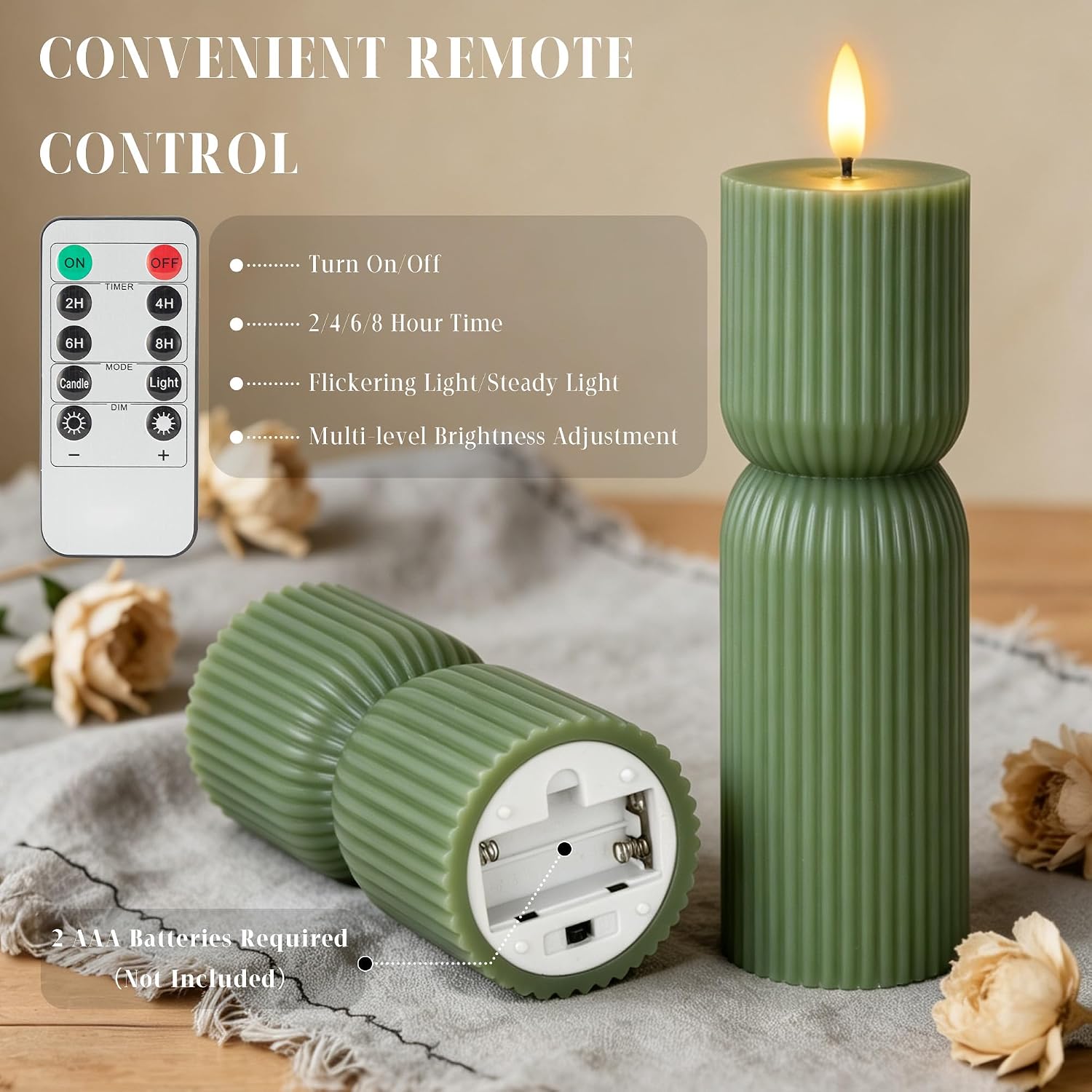 JOIONE Ribbed Green LED Flameless Candles 2 Pack with Remote image 2