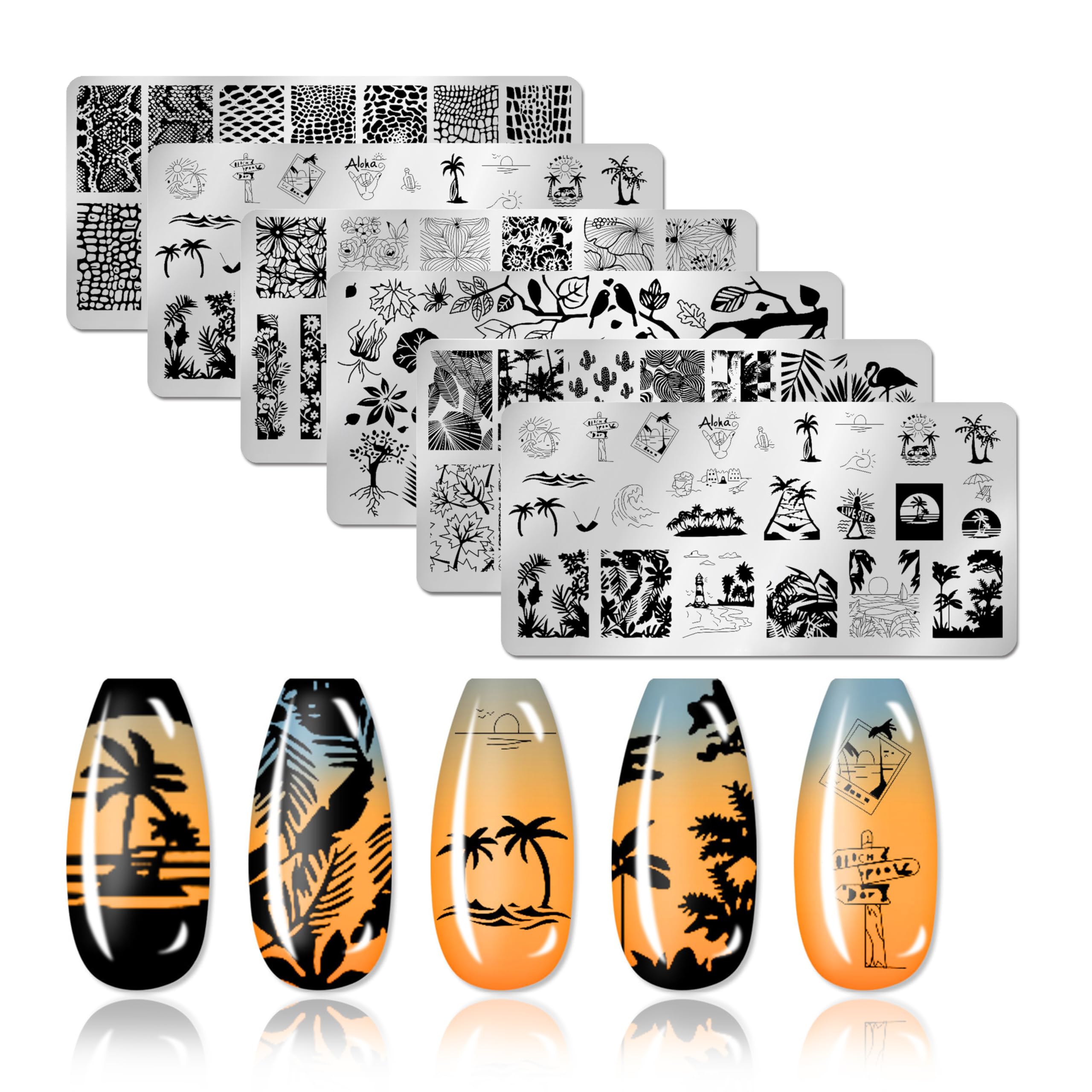6pcs Nature Theme Nail Stamping Plates Leaf Island Scenery Flower Lace Snake Image Plates Christmas Nail Art Stamping Kit Nail Stamping Plates for Nails(4.72 x 2.36 Inches)-image-12