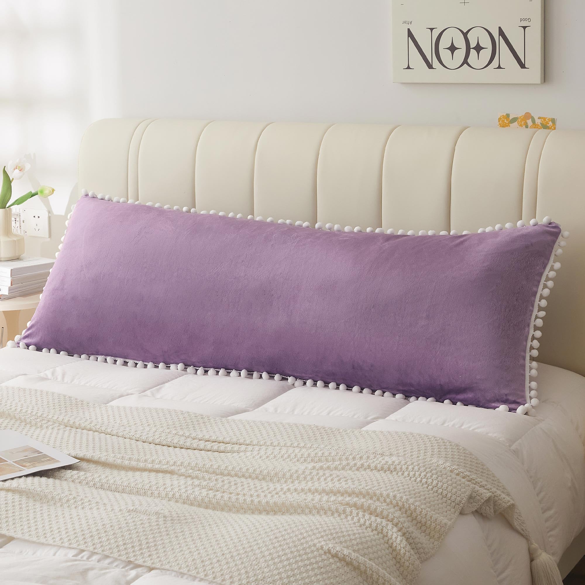 LIFEREVO Pom Poms Velvet Bed Body Pillow Cover, Long Soft Fuzzy Body Pillow Pillowcase 20x54, Cute Fringe Microfiber Body Pillow Case with Zipper, Luxury Decorative Plush Body Pillow Protector, Purple