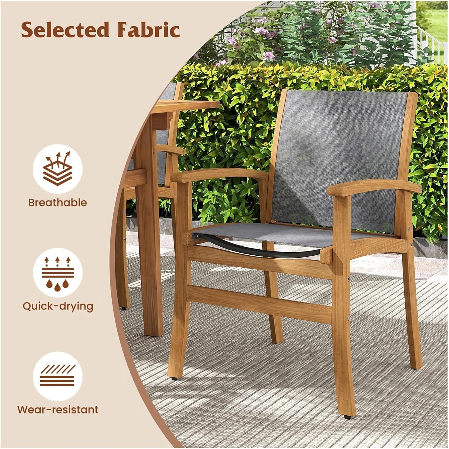 Dining Chairs Outdoor 1pcs Outdoor Wooden Patio Breathable Fabric Seat Dining Chairs with Armrests